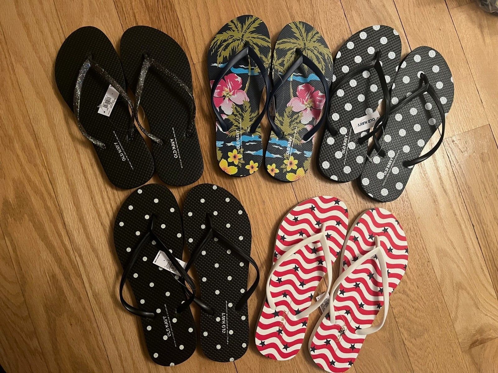Old Navy Women’s Flip Flops B&W, Stripe, Polka Dot, Palm, Glitter, Sz 6-11