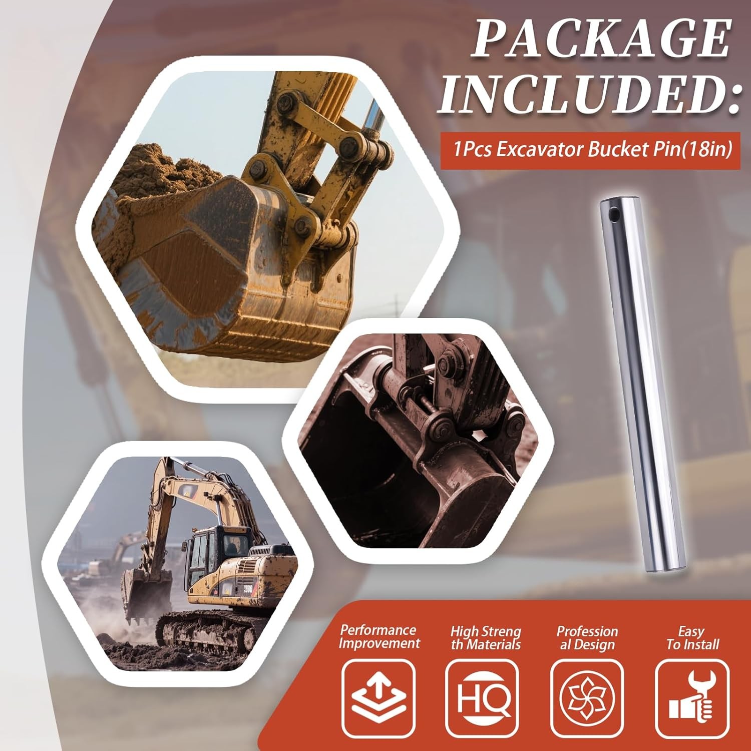 Excavator Bucket Pin 18” Fits Case, CAT, Caterpillar 45mm x 18” 1/2 Bolt Hole