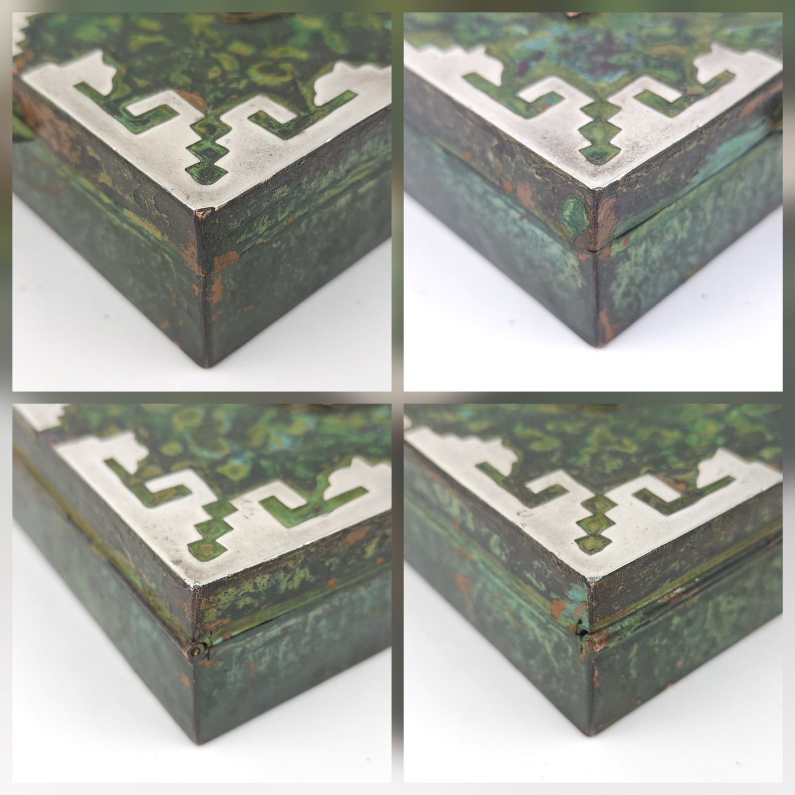 Vintage Peru Enameled Copper Cigarette Trinket Box Silver Tone Metal Bird Bull