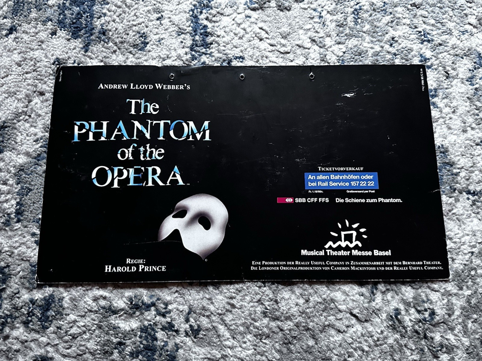 1986 Phantom of the Opera Switzerland Cardboard Sign Advertisement 15"x8" 2 Side