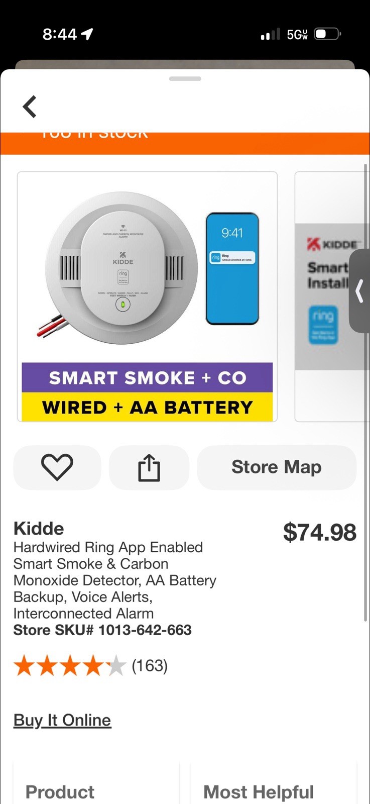Kidde Smart Smoke Carbon Monoxide Detector Ring App Hardwired AA Backup Alarm