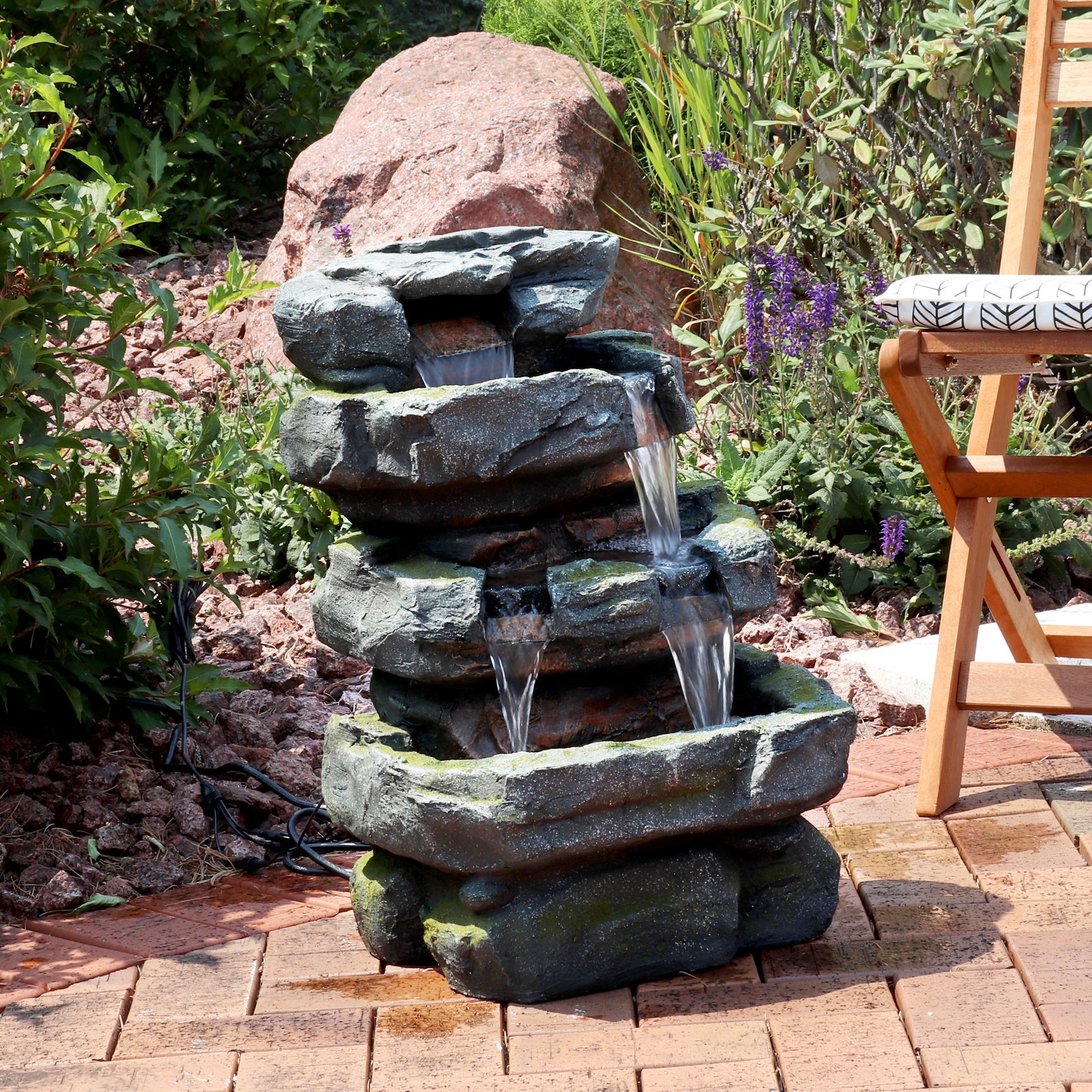 Electric Tiered Stone Waterfall Fountain with LED Lights - 23 in by Sunnydaze