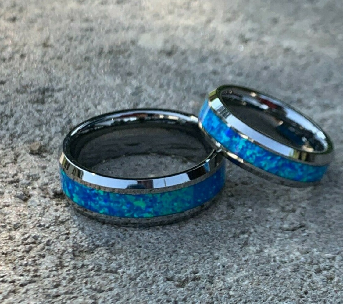 His  & Her's Tungsten Carbide Hawaiian Ocean Opal Blue Inlay Wedding Band Ring
