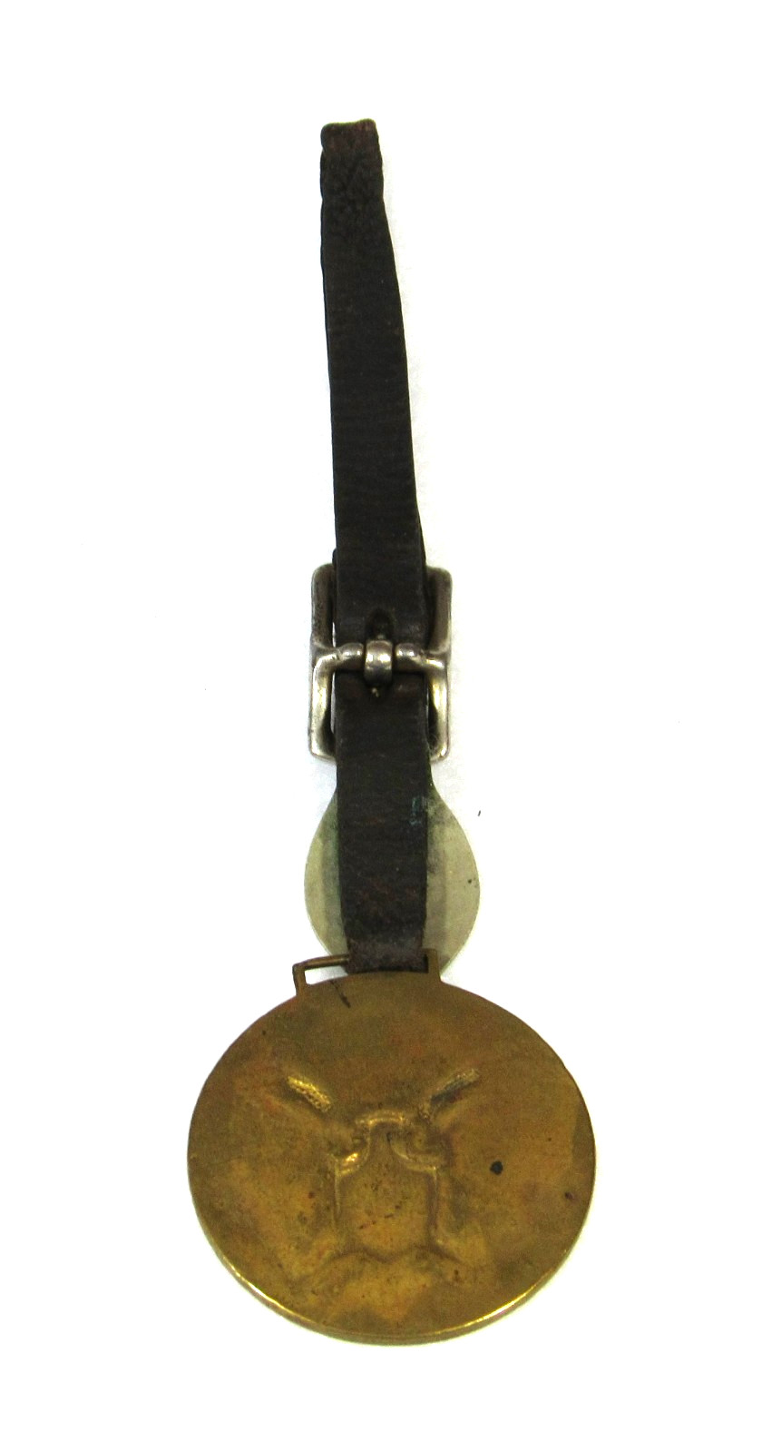 WWI US ARMY BRASS EAGLE WATCH FOB W/ LEATHER STRAP