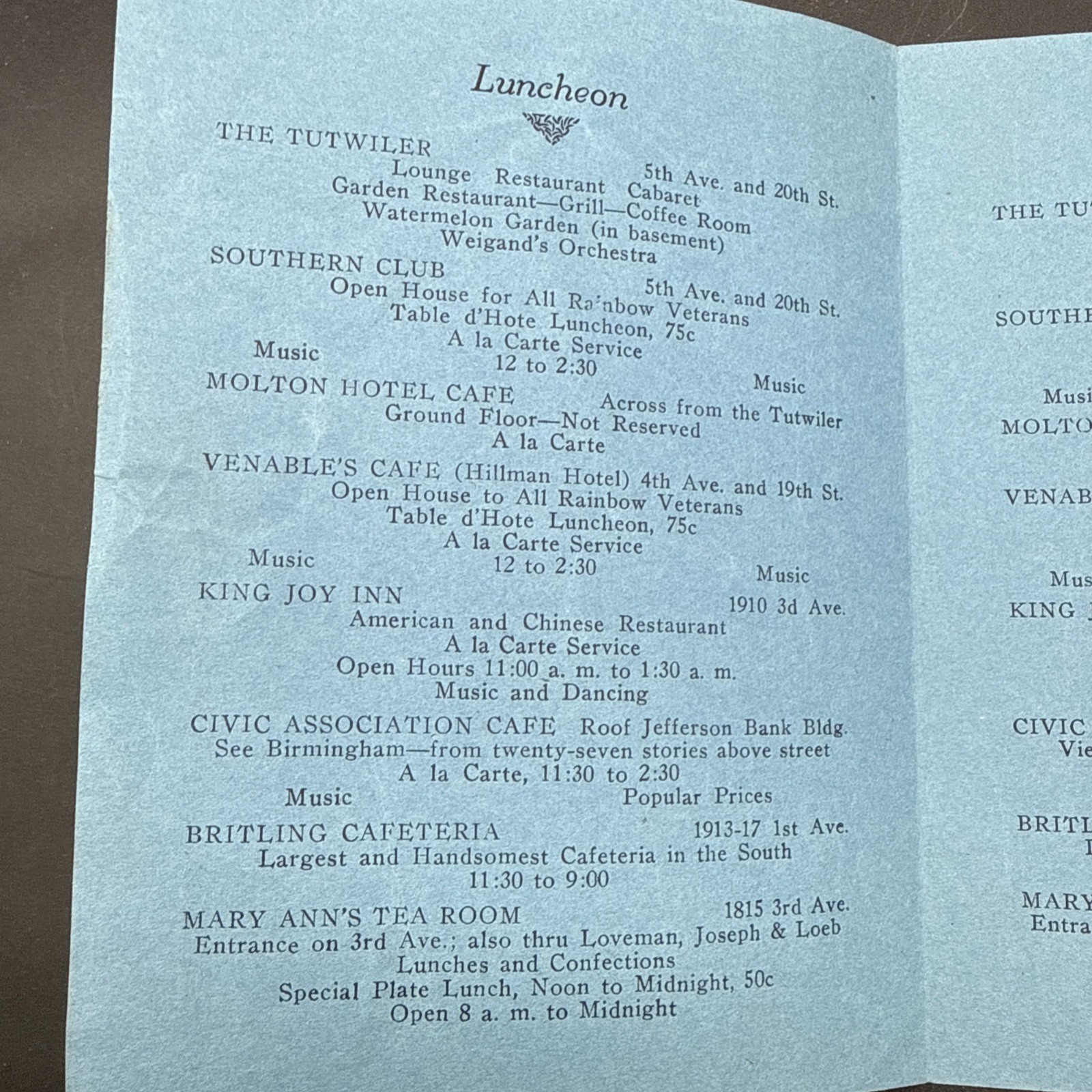 Official Directory WWI Rainbow Division Veterans 1920 reunion lunch dinner menu