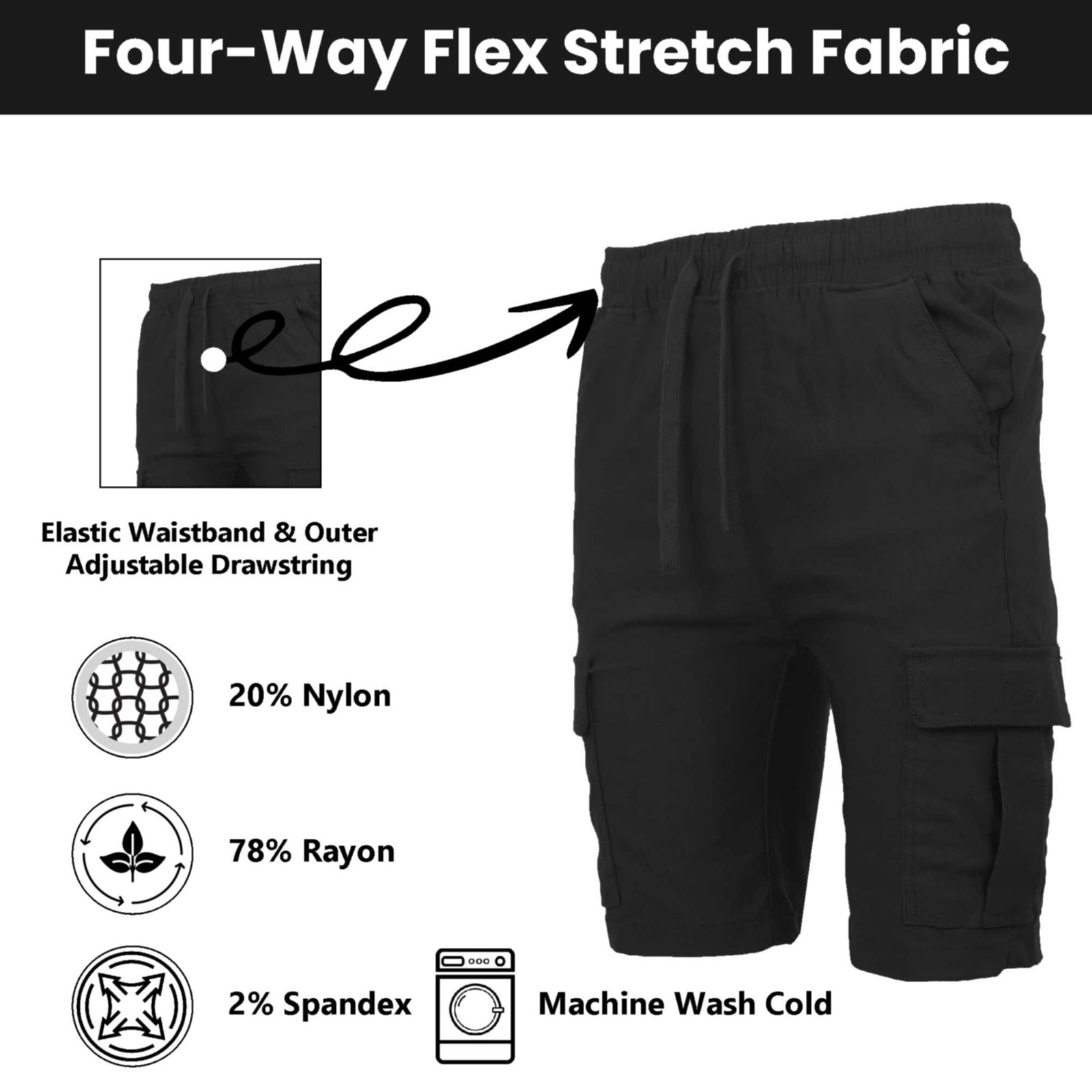 Men’s Flex Cargo Shorts with Elastic Waistband and Drawstring – Comfortable Fit