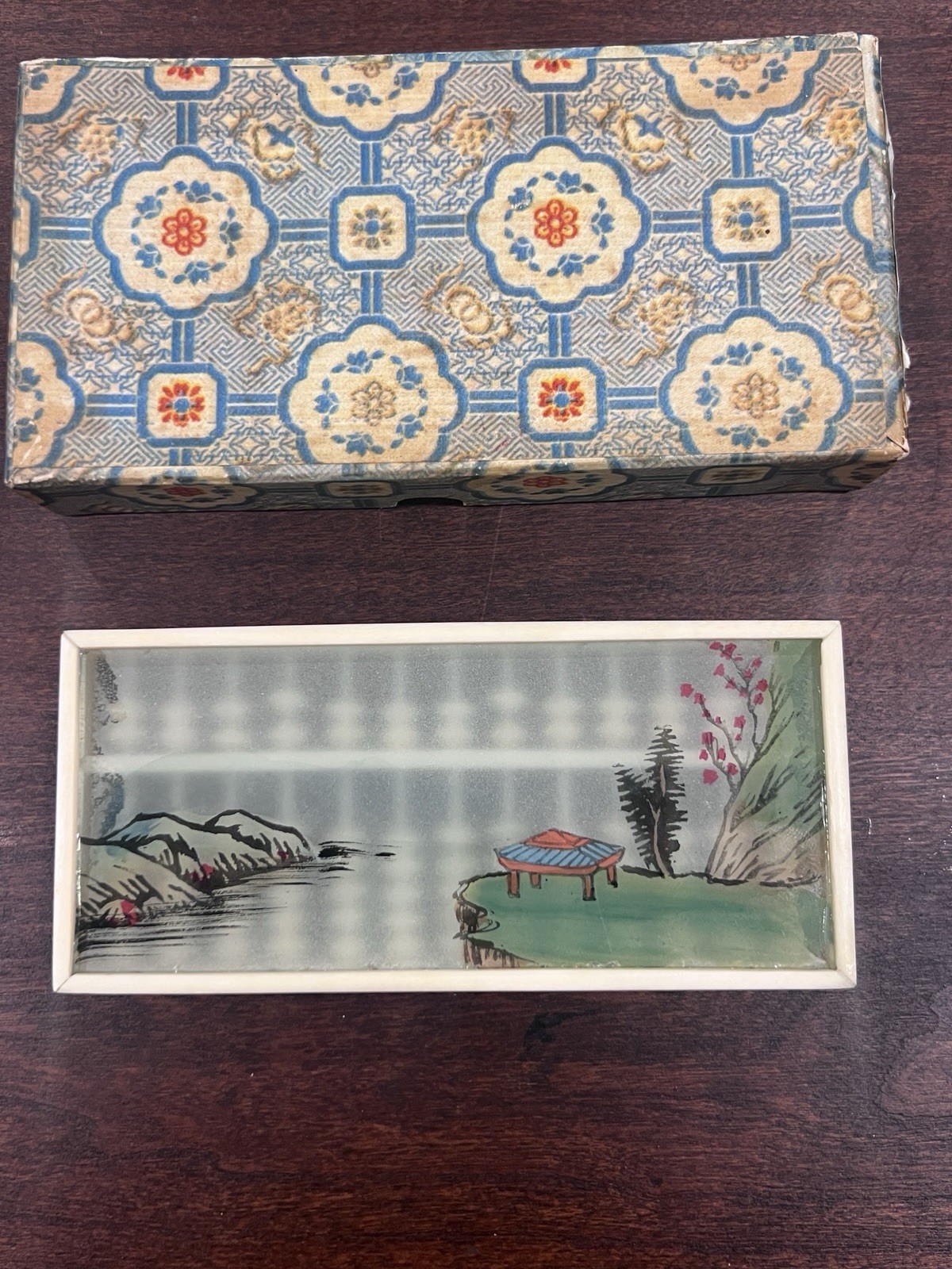 Small Vintage Chinese Abacus Suanpan Painted Glass Fabric Box VGC