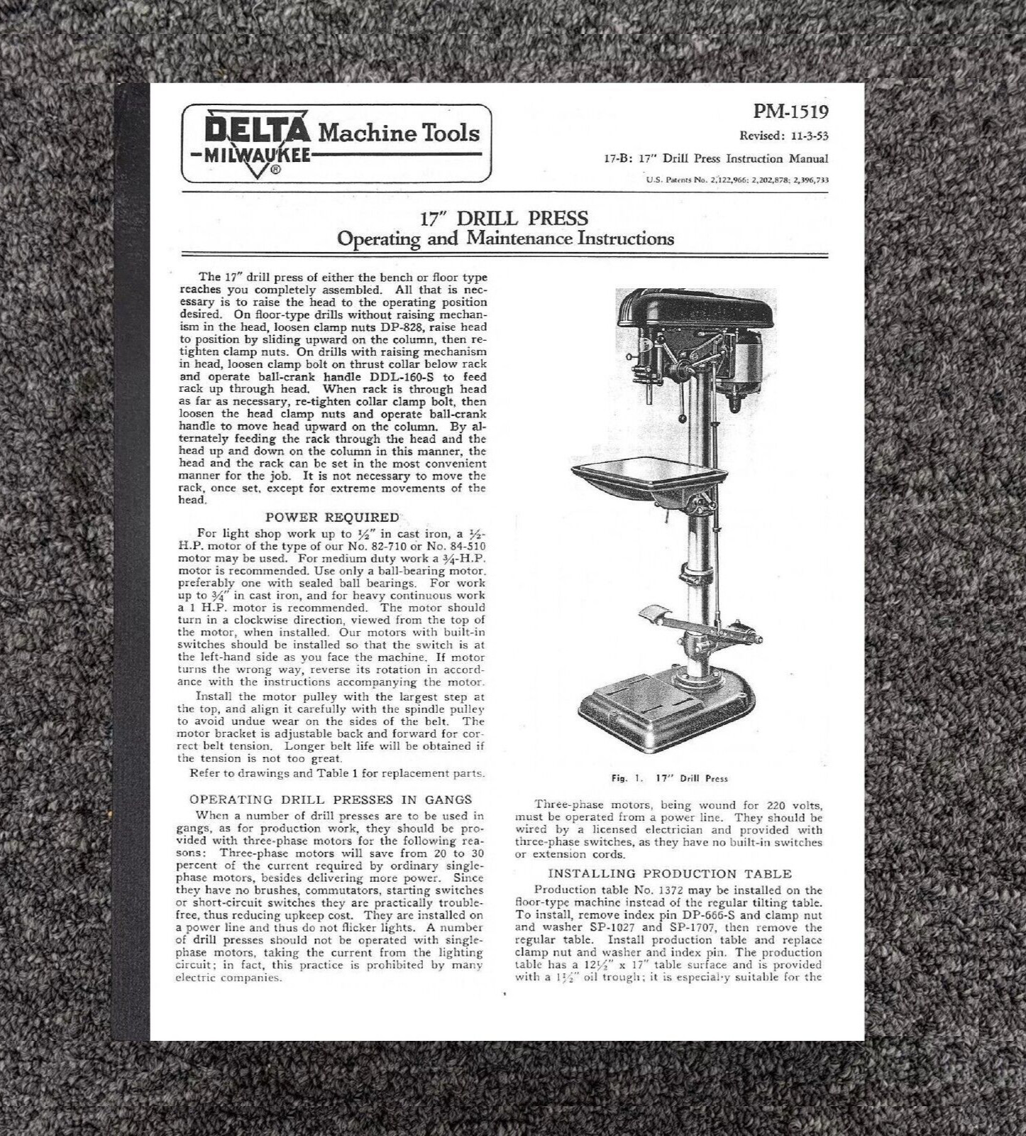 Operator Maint Manual Fits Rockwell-Delta Walker-Turner 17" Drill Press 1559