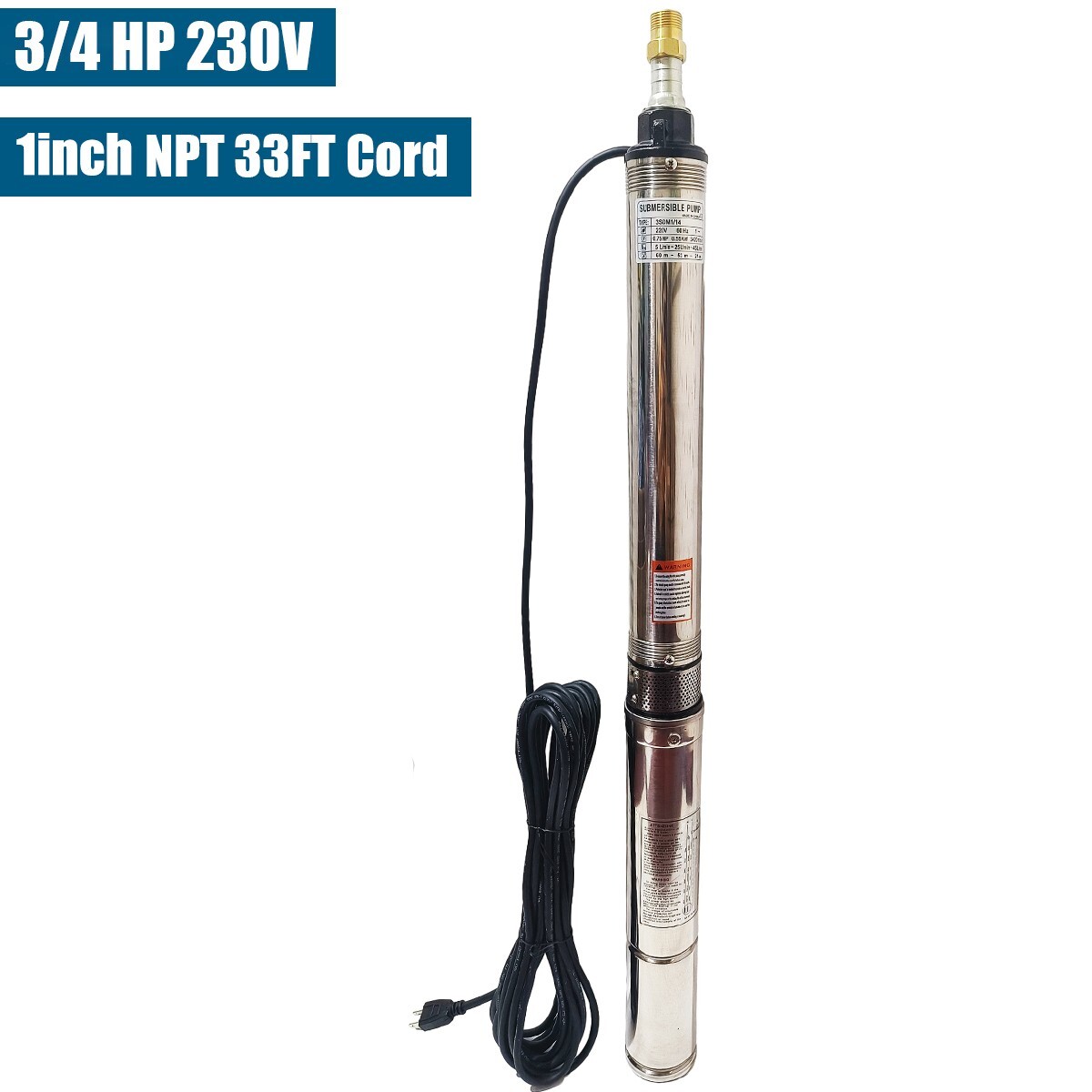 3/4 HP 3" OD Deep Well Submersible Pump 13 GPM, 247 ft MAX,60Hz, 1 in NPT 220V