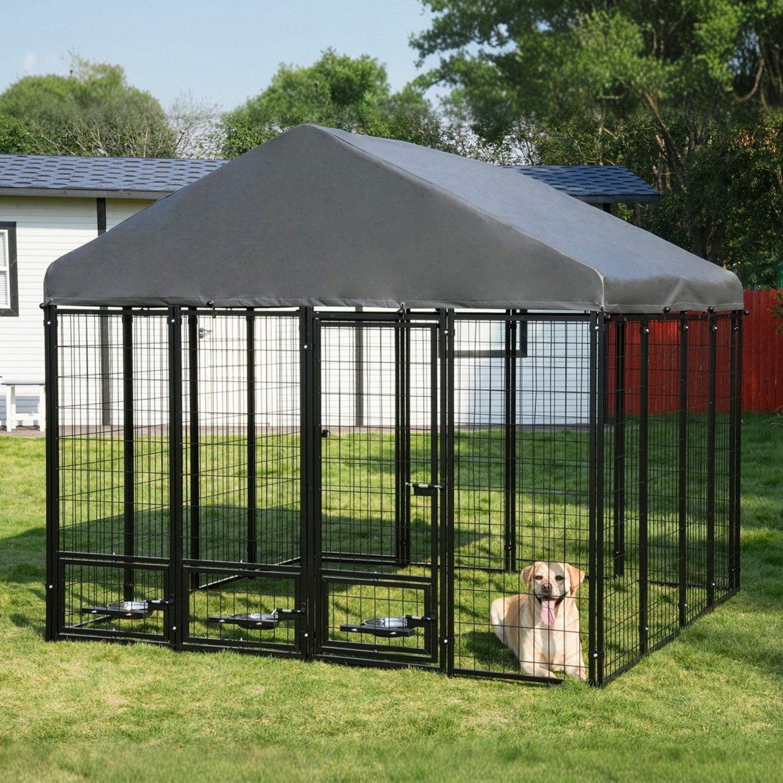 Large Outdoor Dog Cage Fence Dog Playpen Puppy Run with Roof, Double Entry Doors
