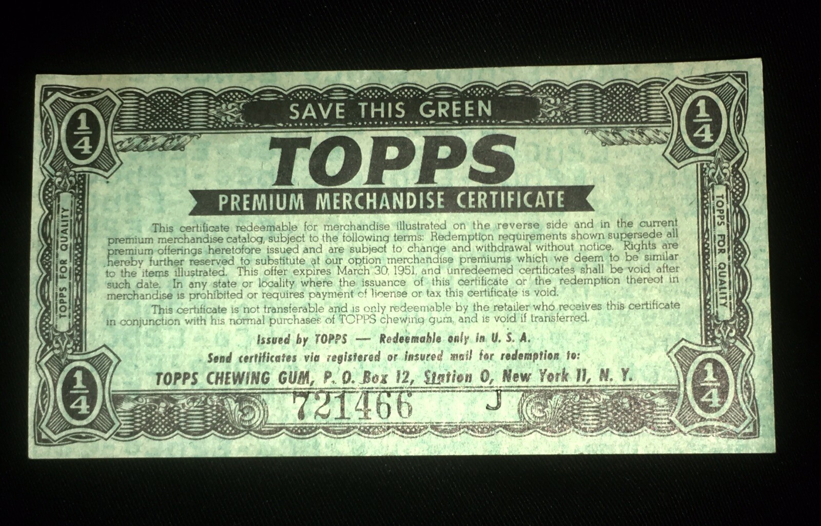 Vintage 1949-1951 Topps Chewing Gum Retailer’s Premium Certificate, Prizes