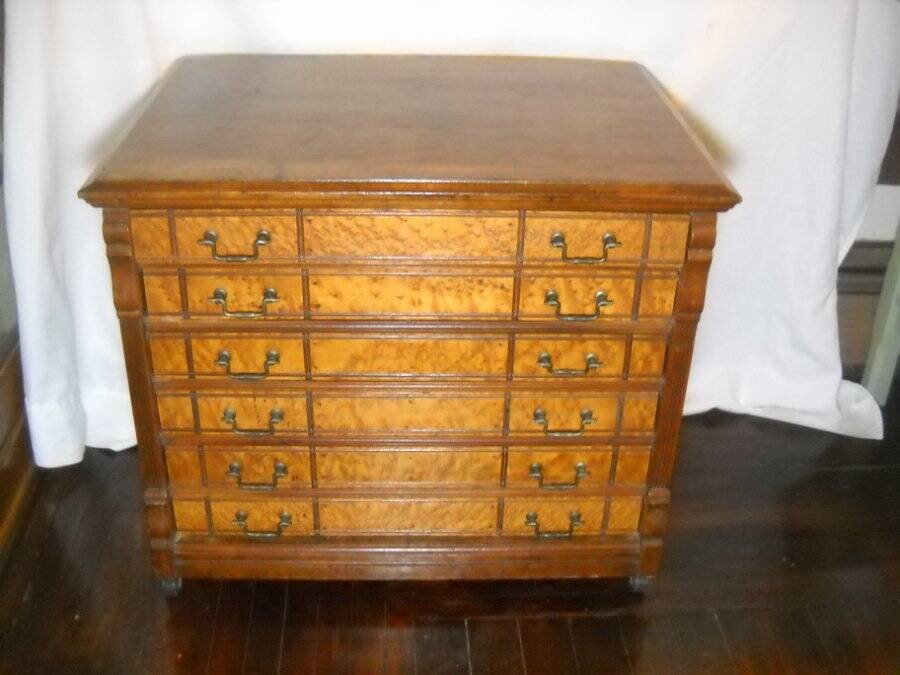 1890 Willimantic 6 Drawer Spool Cabinet Cherry & Birdseye Maple Owl Logo Decal