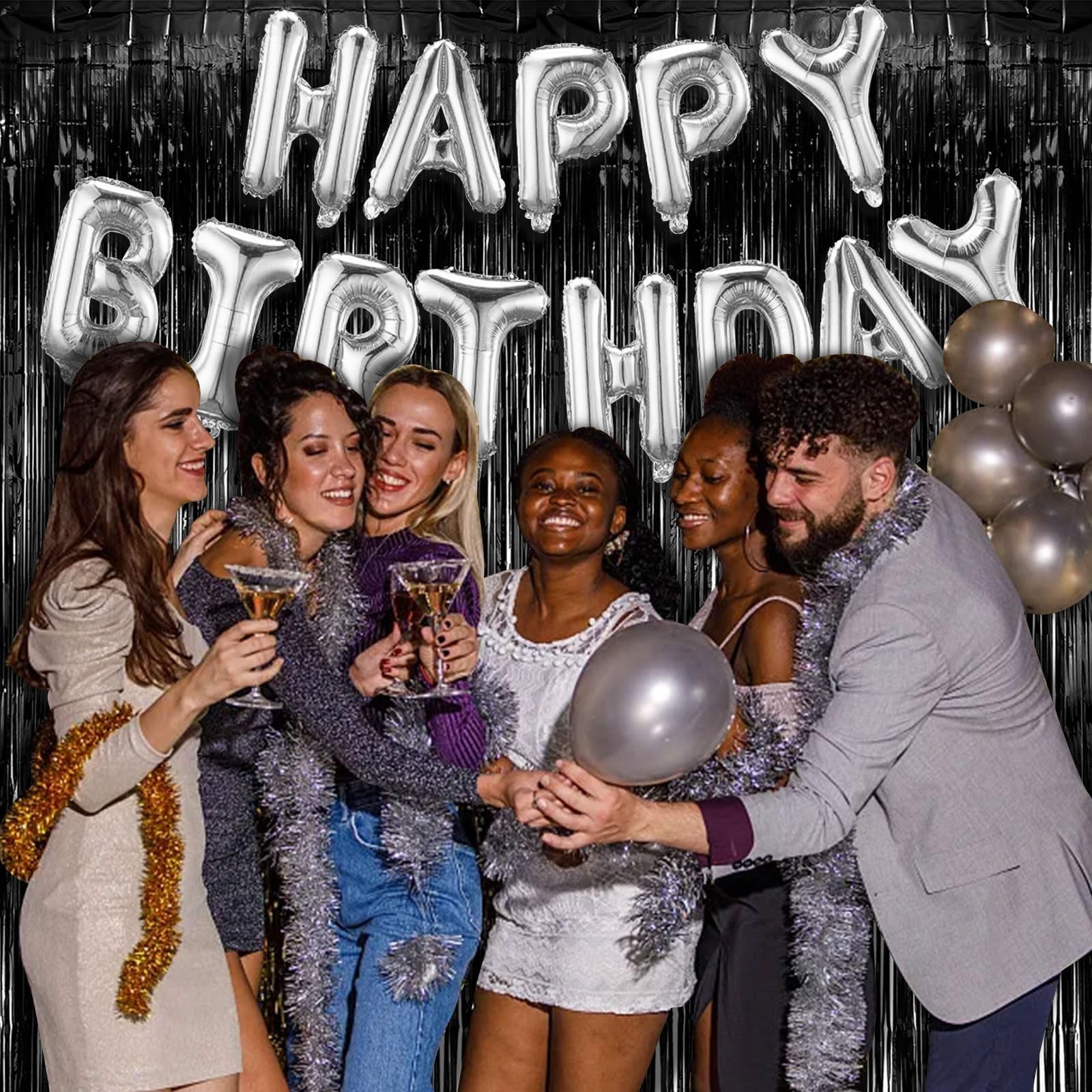 2 Pack Foil Curtain Backdrop Black Metallic Tinsel Foil Fringe Curtains Photo...