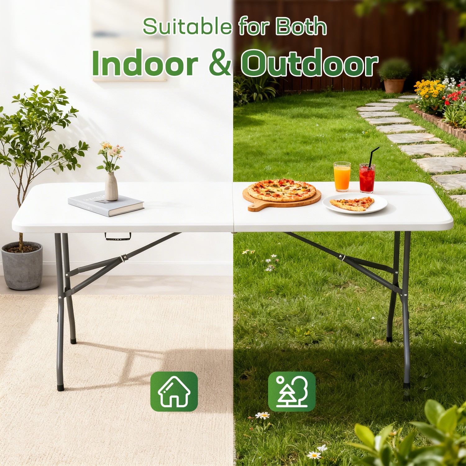 6 FT Picnic Table, Portable Plastic Folding Table with Carrying Handle Perfect