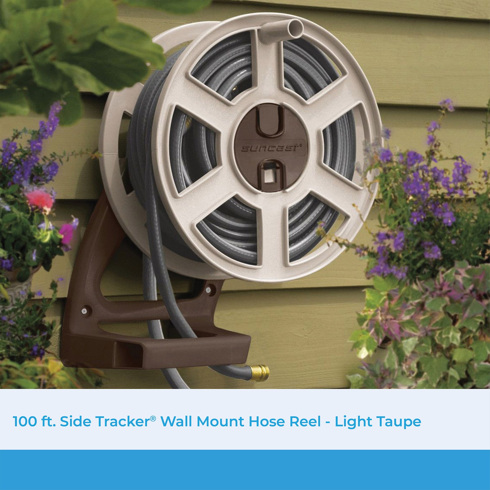 Suncast Sidewinder 100-Foot Wall Mount Garden Hose Reel, Taupe