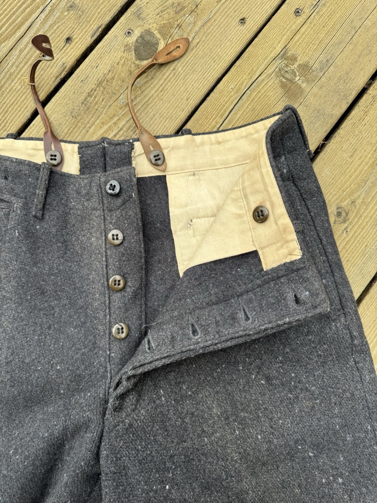 True Vintage 40s 50s Wool Trousers 36x28 Charcoal High Waist Suspender