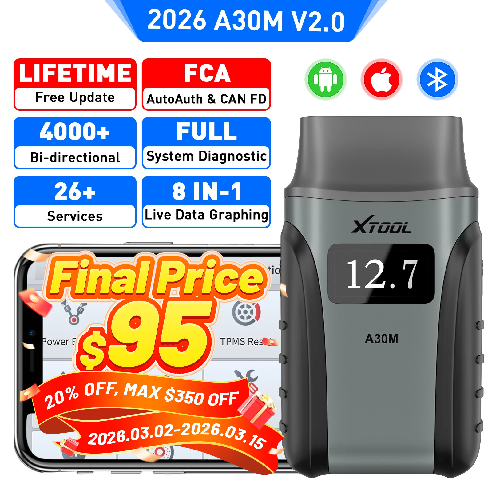 2026 XTOOL A30M V2.0 Bluetooth Full System Diagnostic Tool Bidirectional Scanner