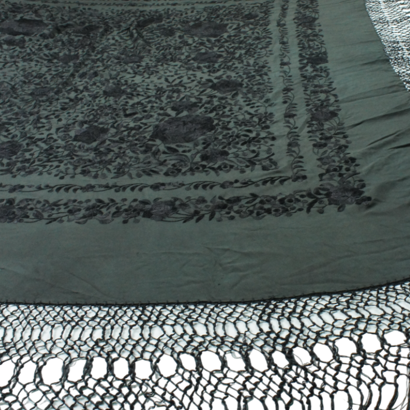 Antique Silk Shawl Wrap Piano Scarf HAND EMBROIDERED FLORAL WITH FRINGE 51"inch