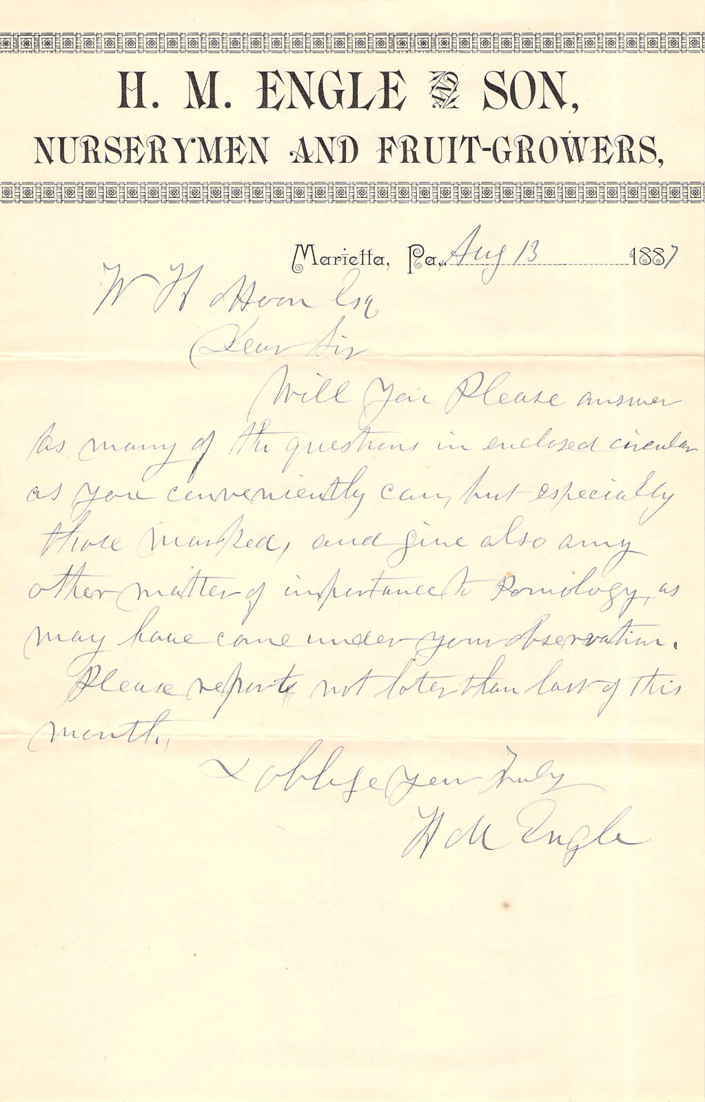 1887 MARIETTA PA H M ENGLE  NURSERY