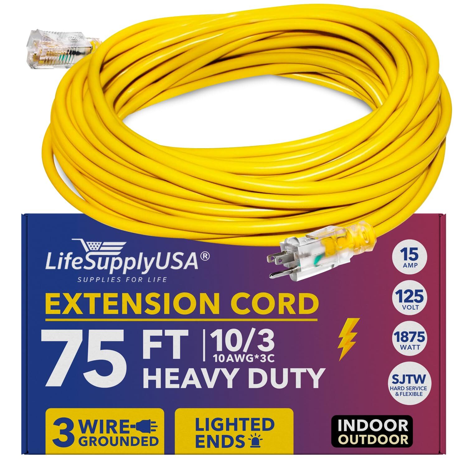 10/3 300V SJTW Lighted 15A Extension Cord - Lengths: 3 6 10 25 50 75 100 200 Ft