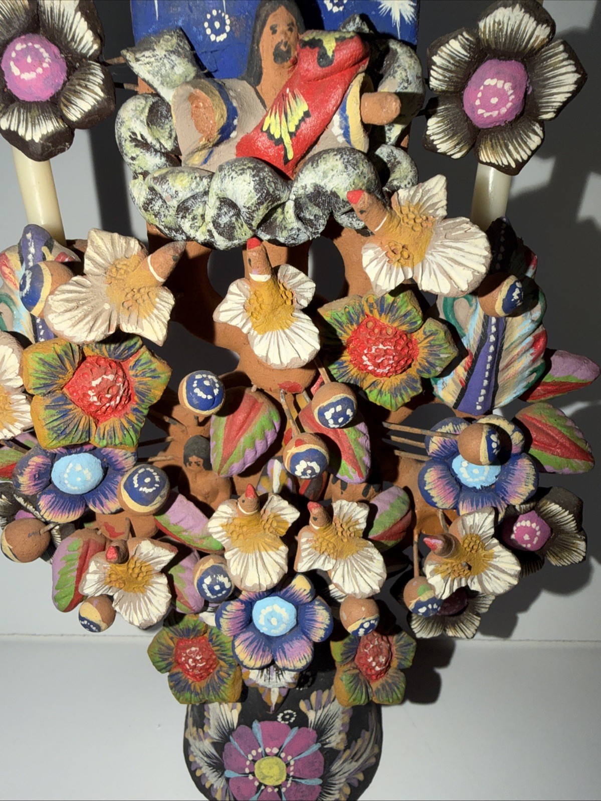 Mexican Clay TREE of LIFE Handmade Multi Color Folk Art Candelabra 12.5" Tall