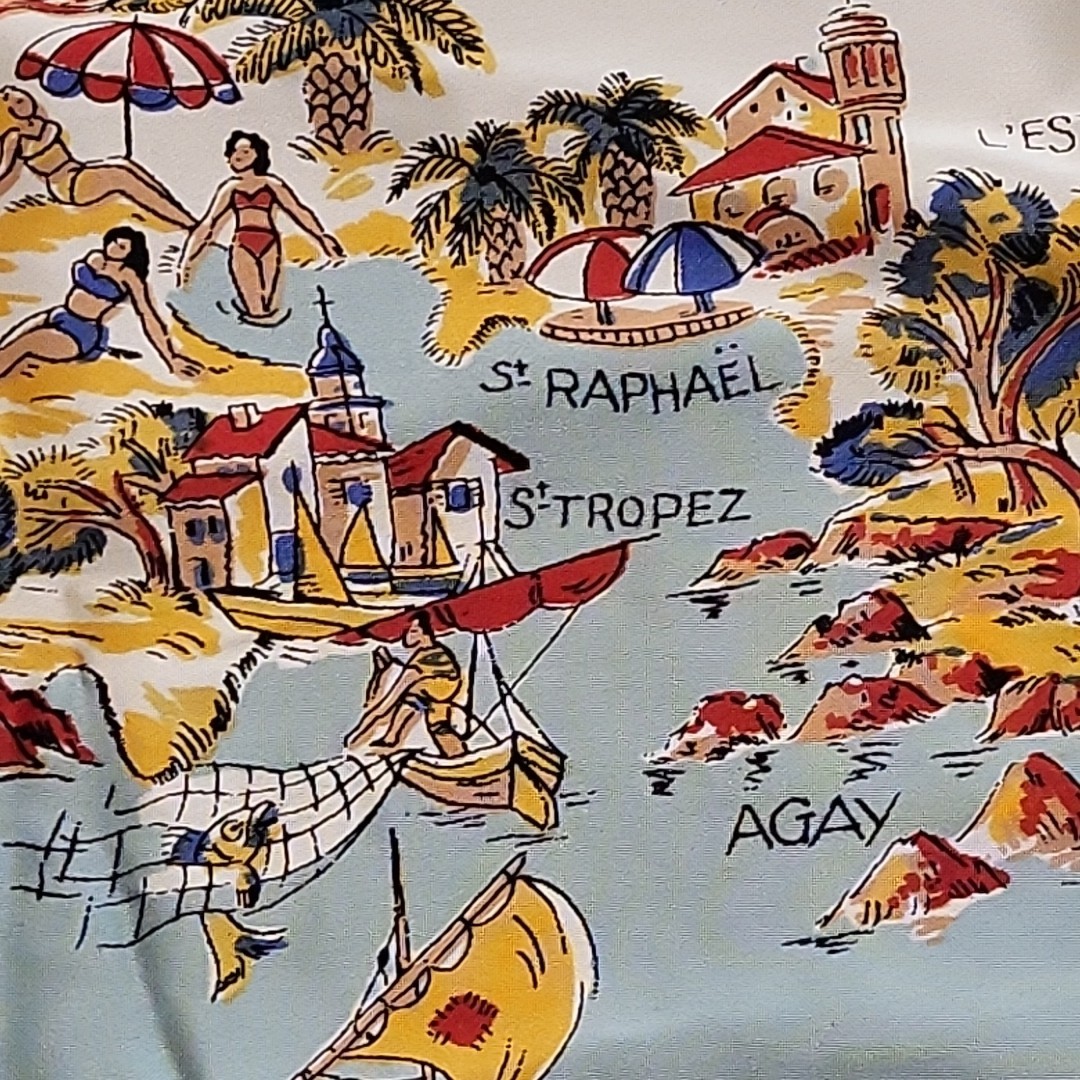 Vtg 50s/60s Côte d'Azur Silk Souvenir Scarf - French Riviera Map Mermaid 30"