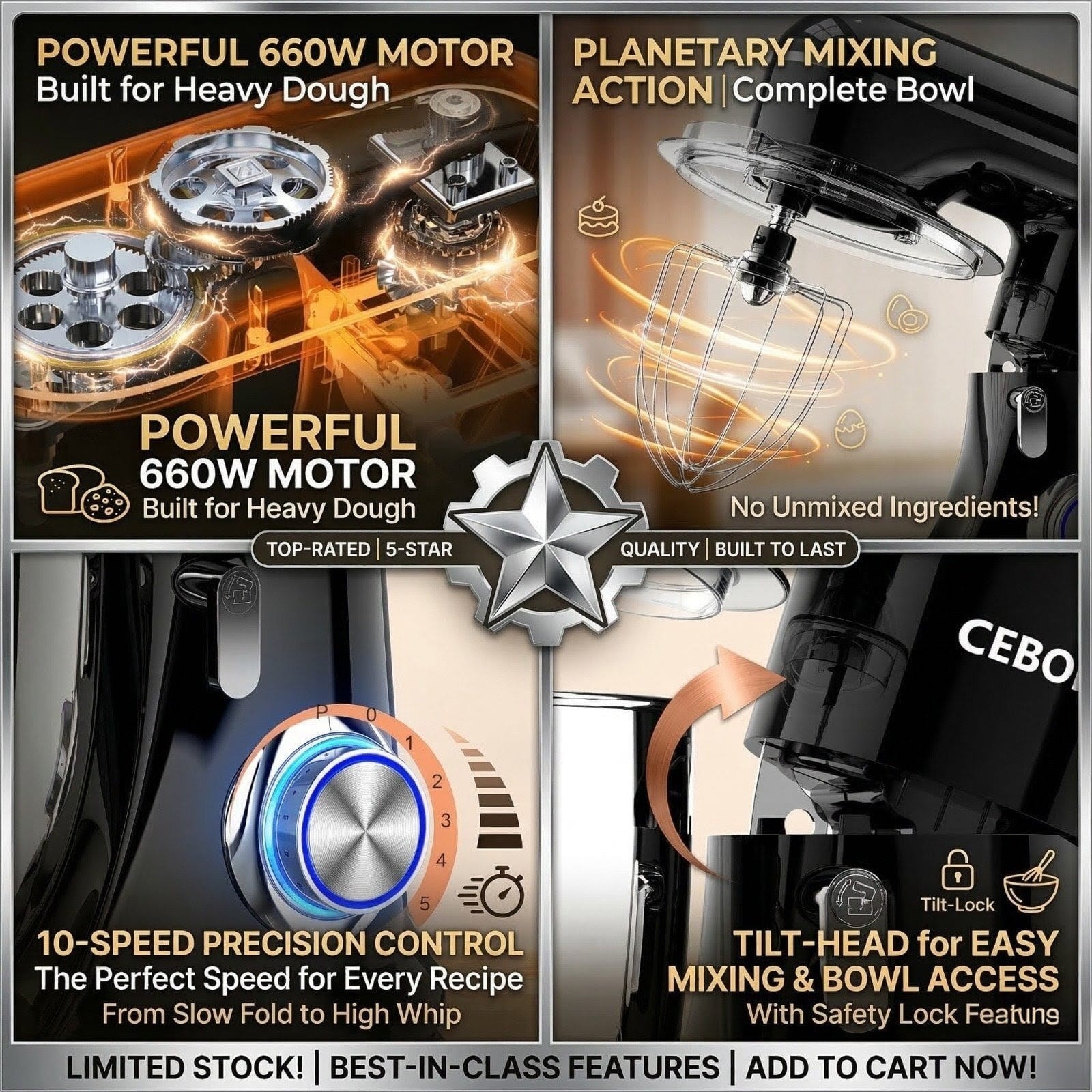 6.5QT Electric Stand Mixer 660W 10-Speed - 3-in-1 Tilt-Head Kitchen Food Mixer