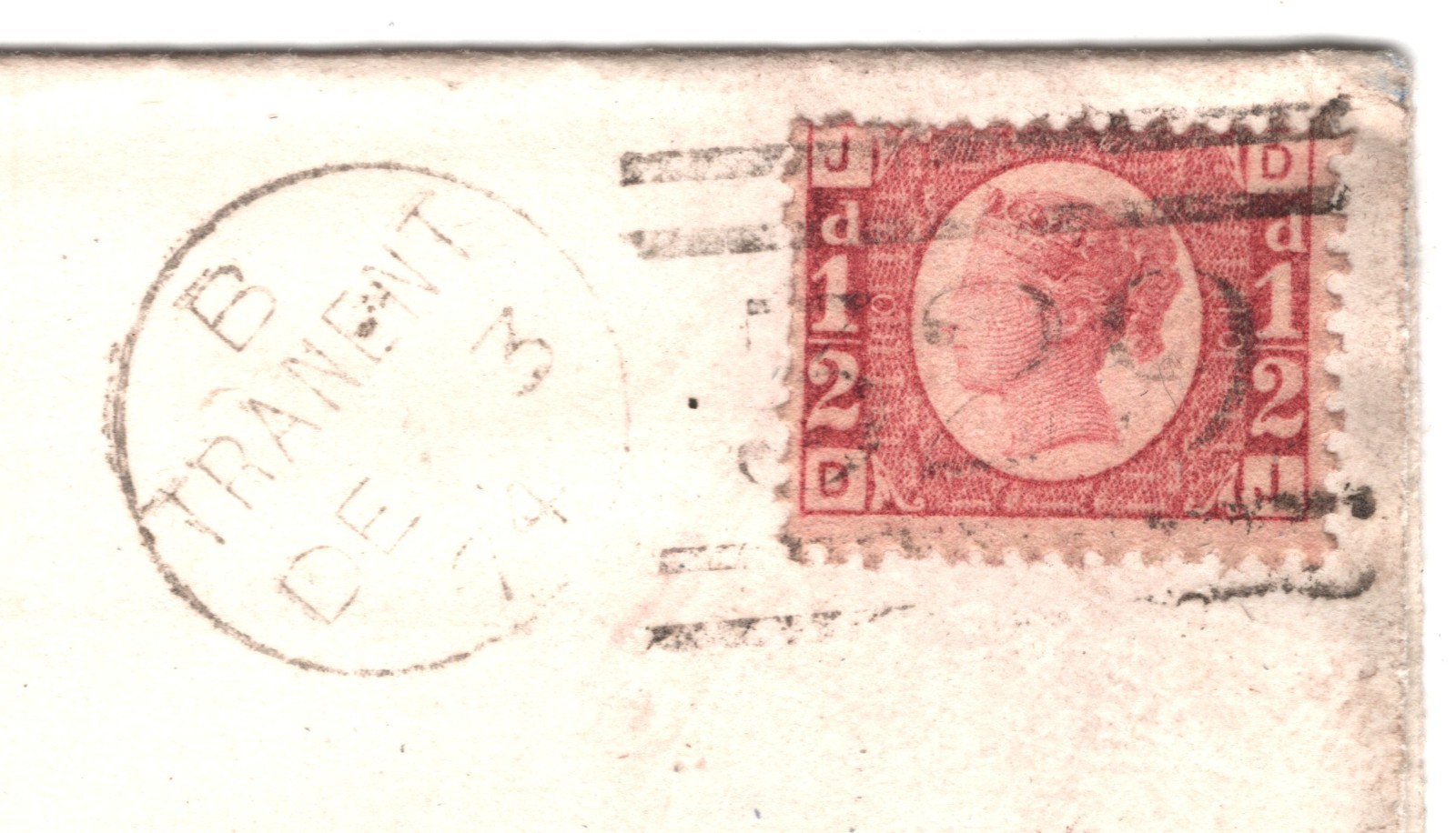 GB QV BANTAM ½d Plate 10 (DJ) Cover TRANENT Duplex 1874 Edinr Scotland XB48