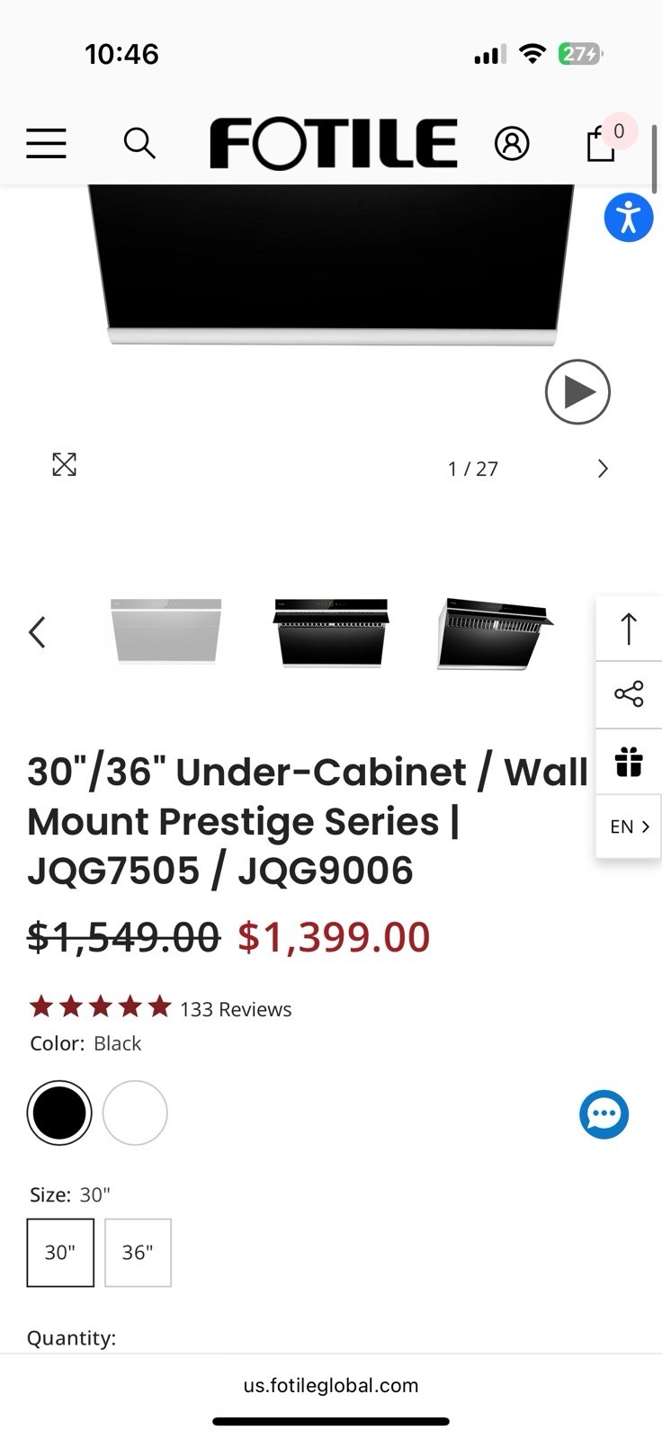 FOTILE JQG9006 30 Inch Under Cabinet Wall Mount Range Hood Black Dual DC Motor