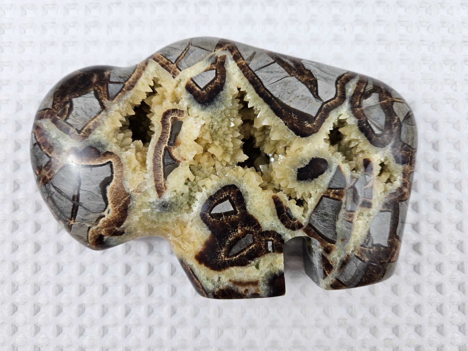 Septarian Nodule Geode Buffalo Bison Carved Natural Stone Crystal Zuni Decor 6"