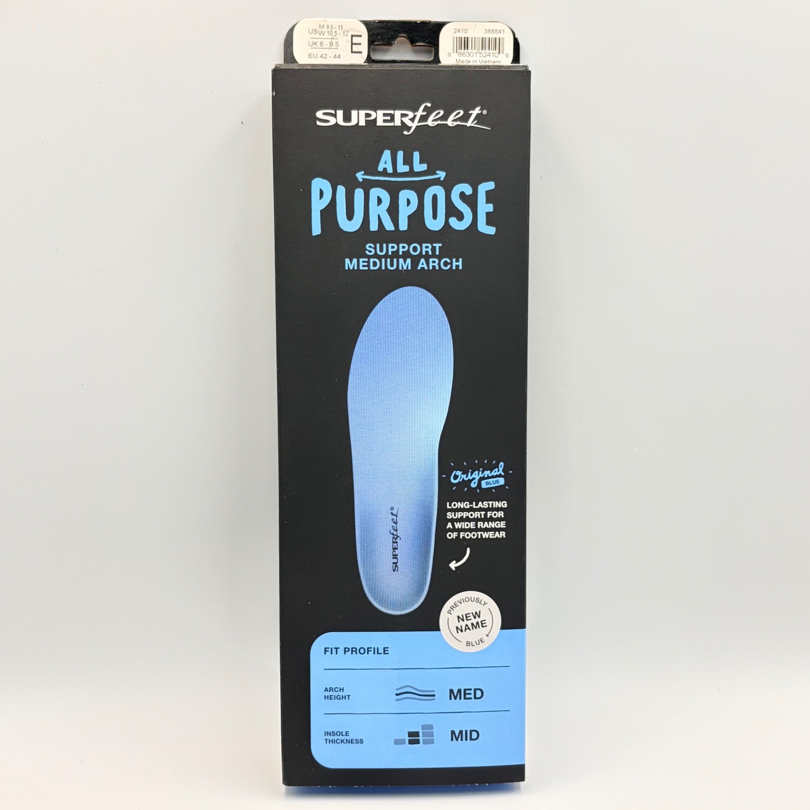 Superfeet All Purpose Support Medium Arch Blue Insoles SzE Mens 9.5-11 W 10.5-12