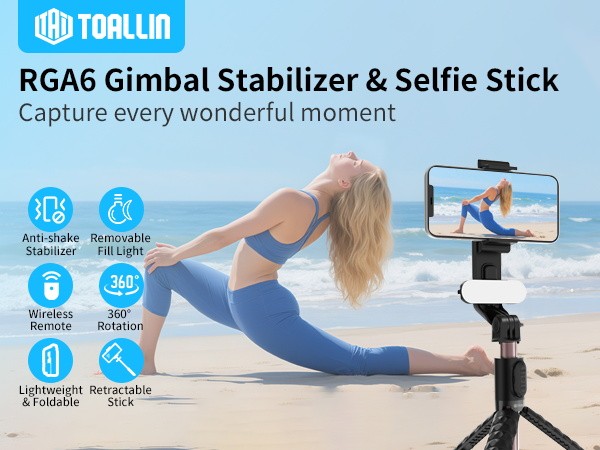 TOALLIN Gimbal Stabilizer for Smartphone,Foldable Selfie Stick, Adjustable Light