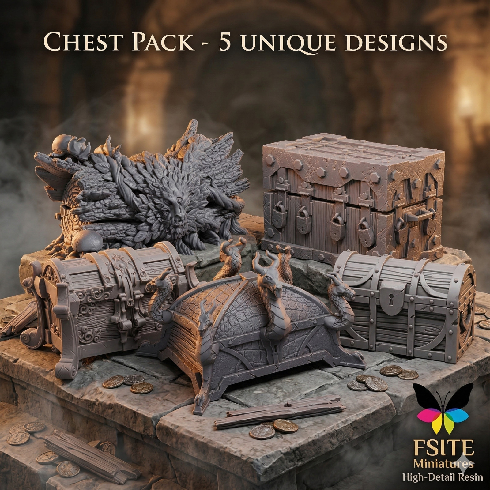 Treasure Chest Pack – 10 Resin 3D Printed 32mm D&D Tabletop RPG Terrain Set