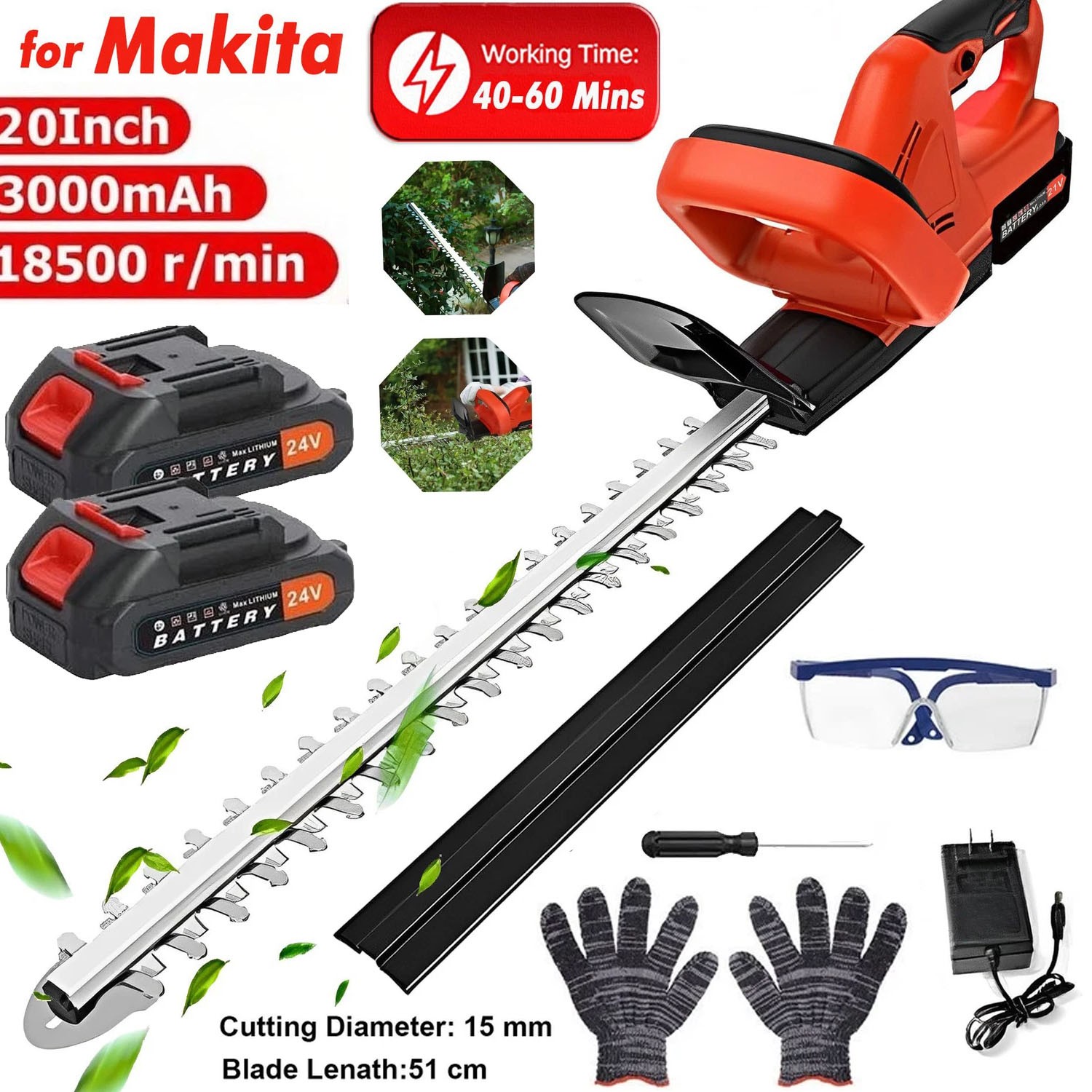 22'' Electric Hedge Trimmer Cordless Power Hedge Trimmer with 2Battery & Charger