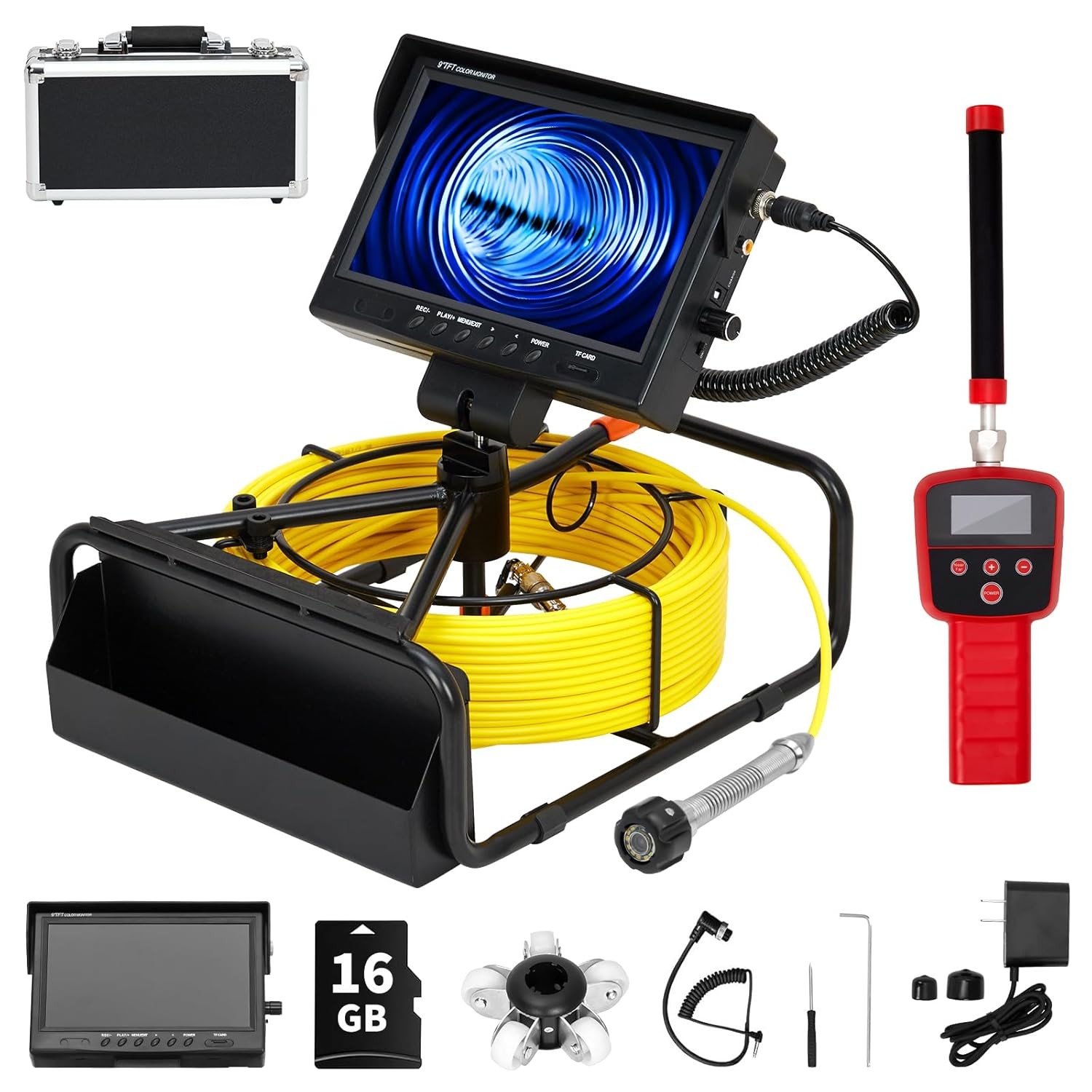 Sewer Camera 100FT/30m Self-Leveling Drain Camera with 512Hz Locator 9” Screen