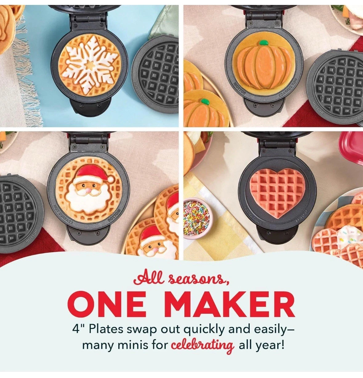 Dash Holiday 4 in 1 Mini Waffle Maker 6 Plates Santa Snowflake New in Box