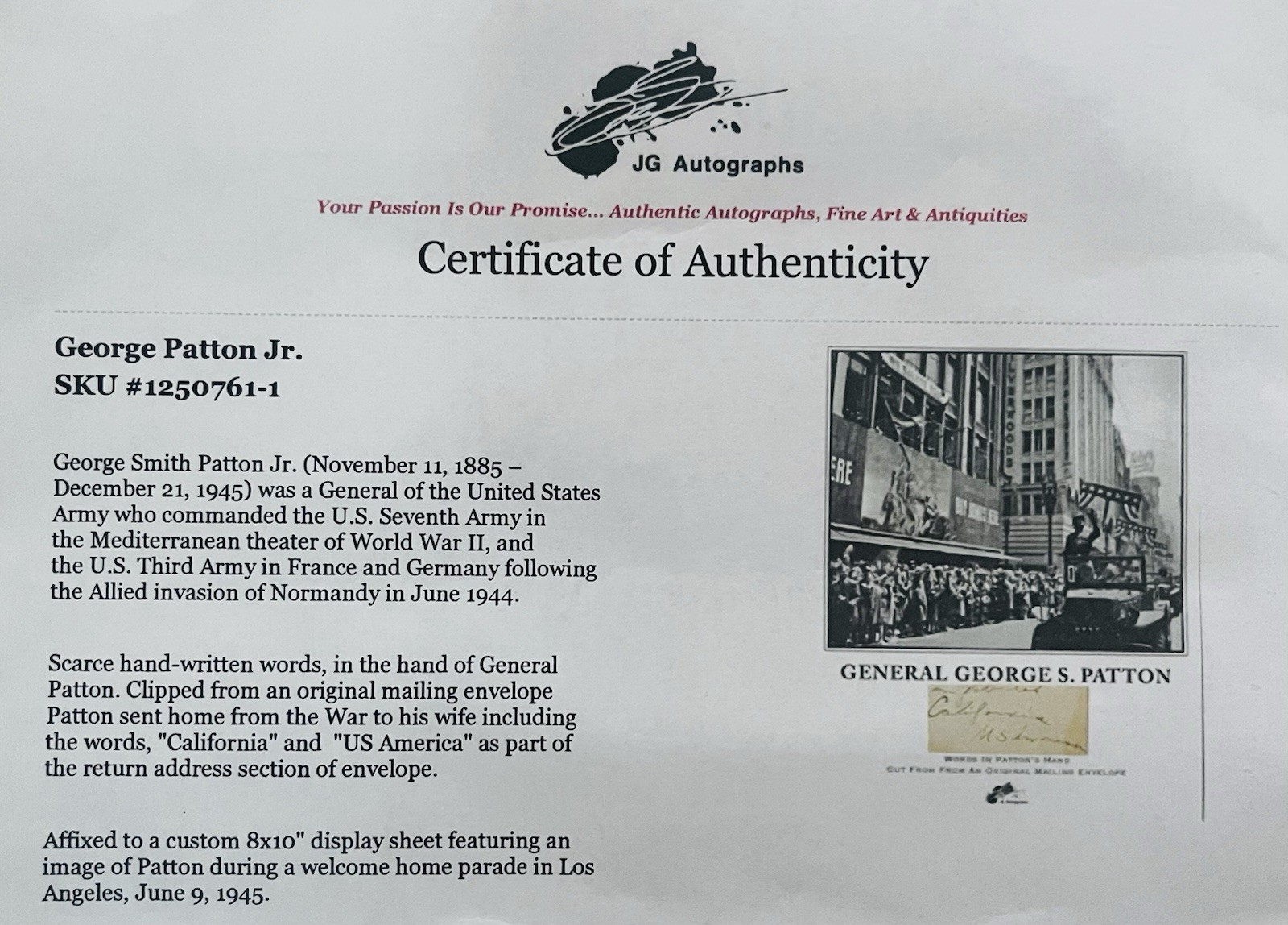 General George S. Patton Jr. Framed Picture and Hand Written Cut