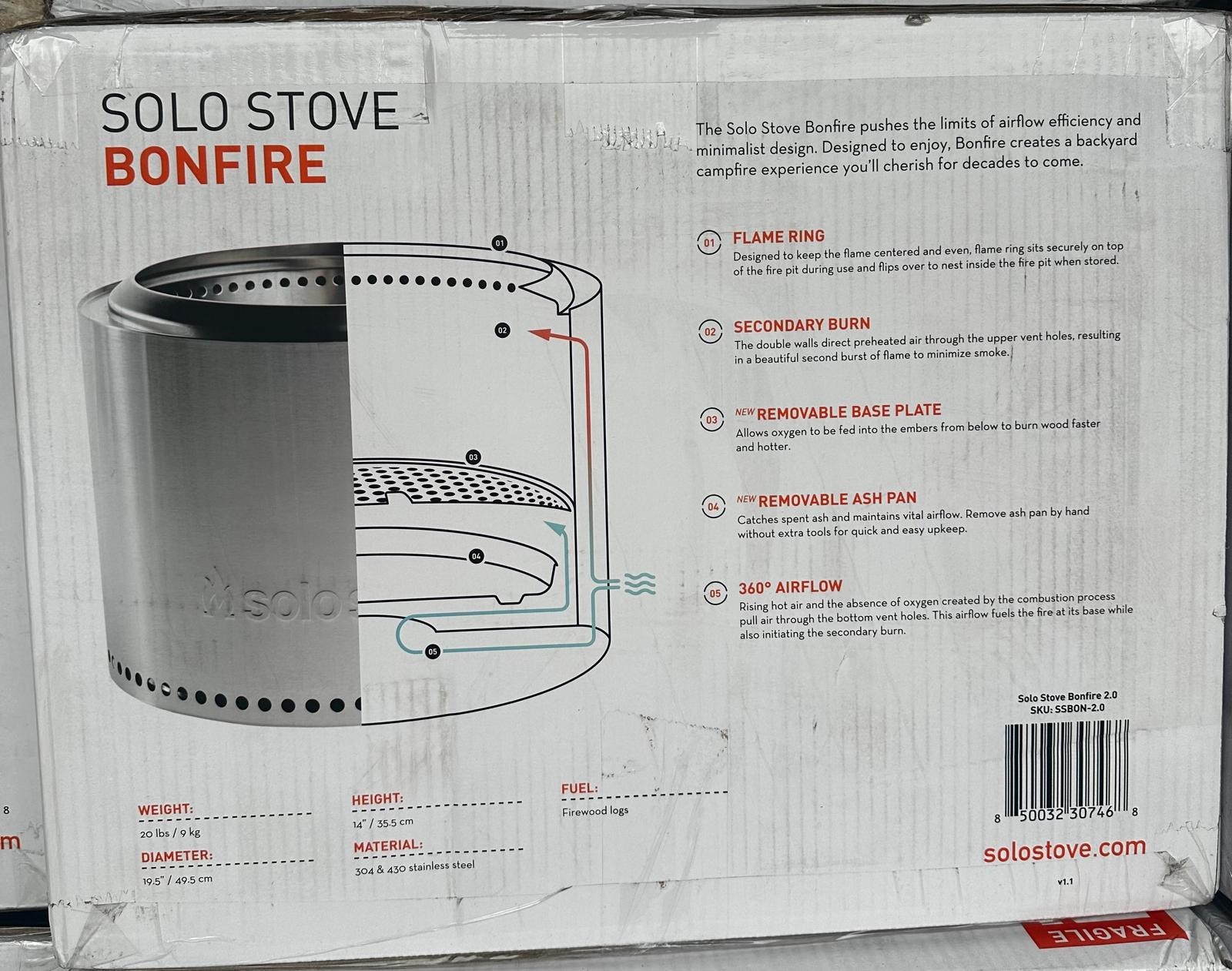 Solo Stove Bonfire 2.0 - 19.5 Inch Smokeless Fire Pit w/ Removable Ash Pan New