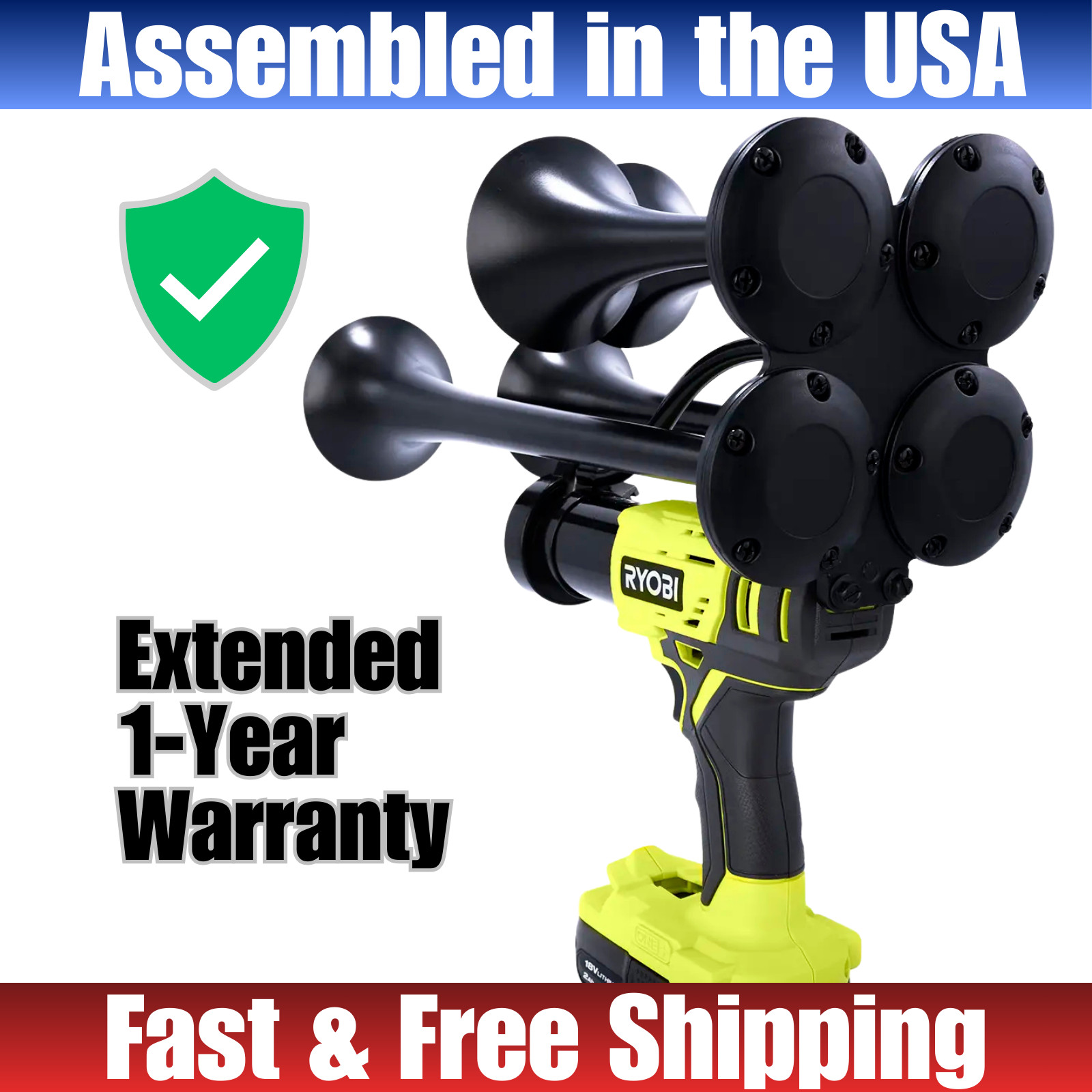 Ryobi 18V Impact Train Horn Quad 4 Trumpet | 2 Remotes | Assembled in USA