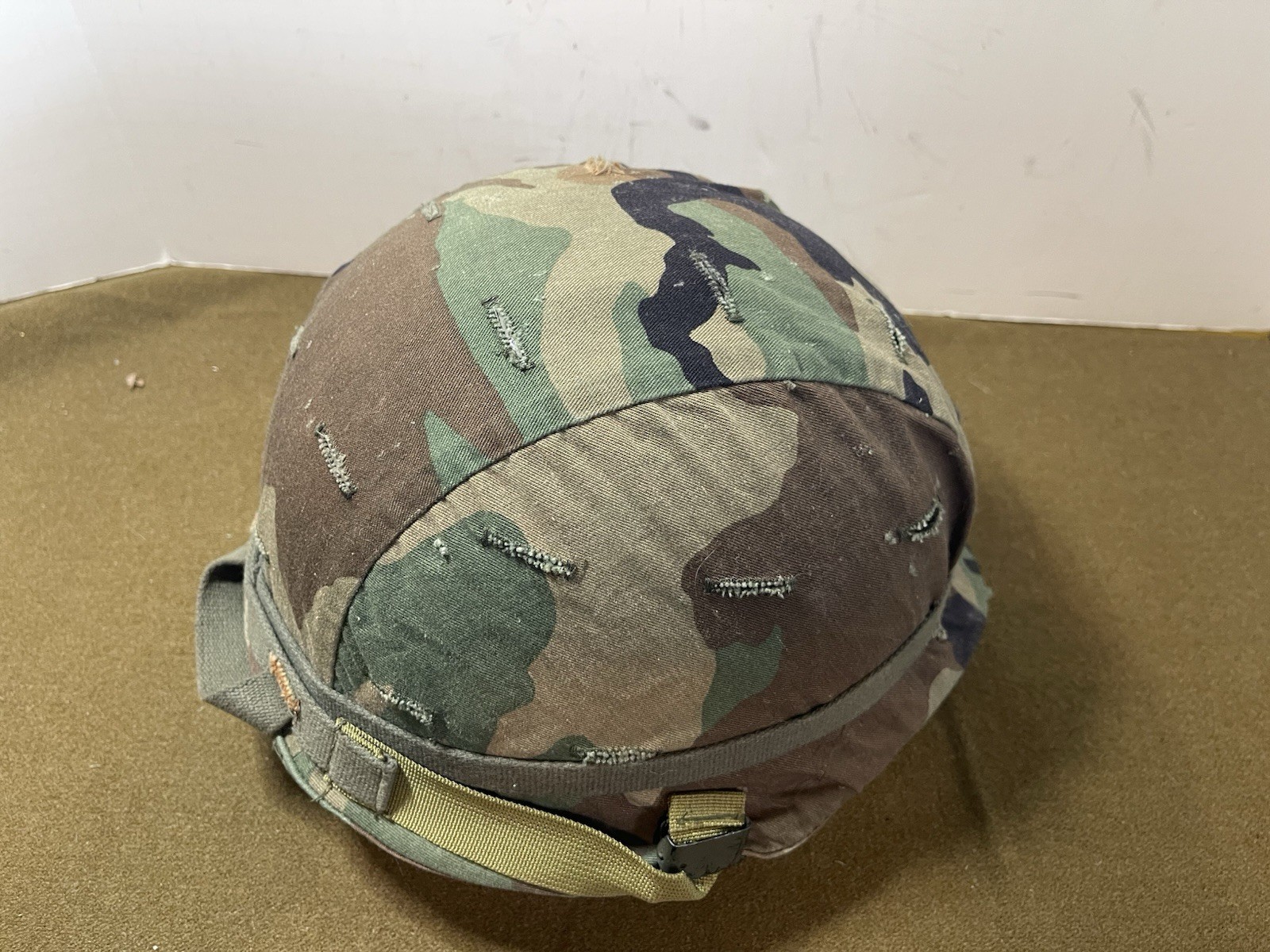 US Army M1 Helmet Shell With Cover And Chin Strap 1980s Vintage No Liner