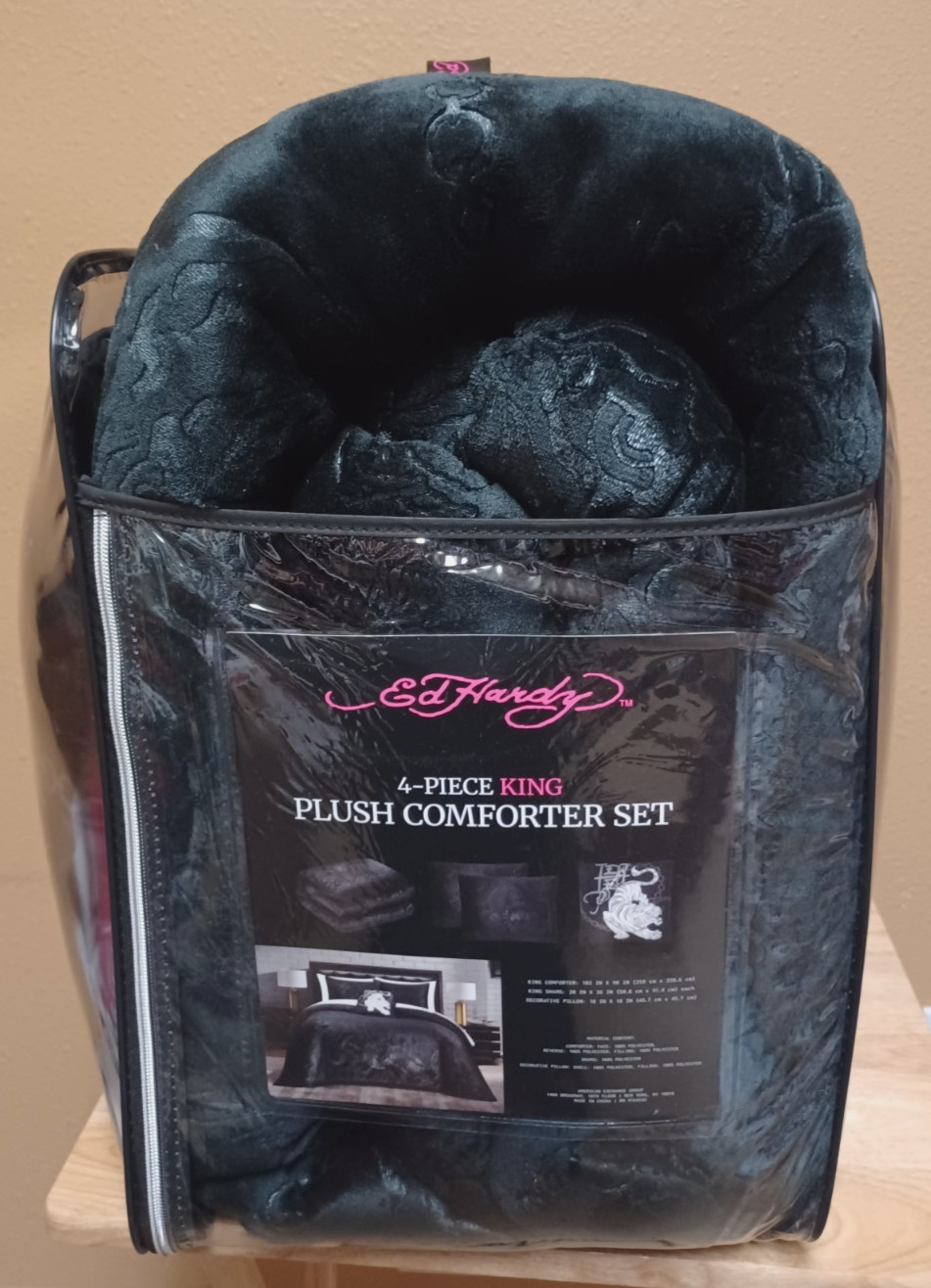 Ed Hardy Black Tigers&Tattoo Embossed Plush 4pc KING Comforter Set w/Pillow