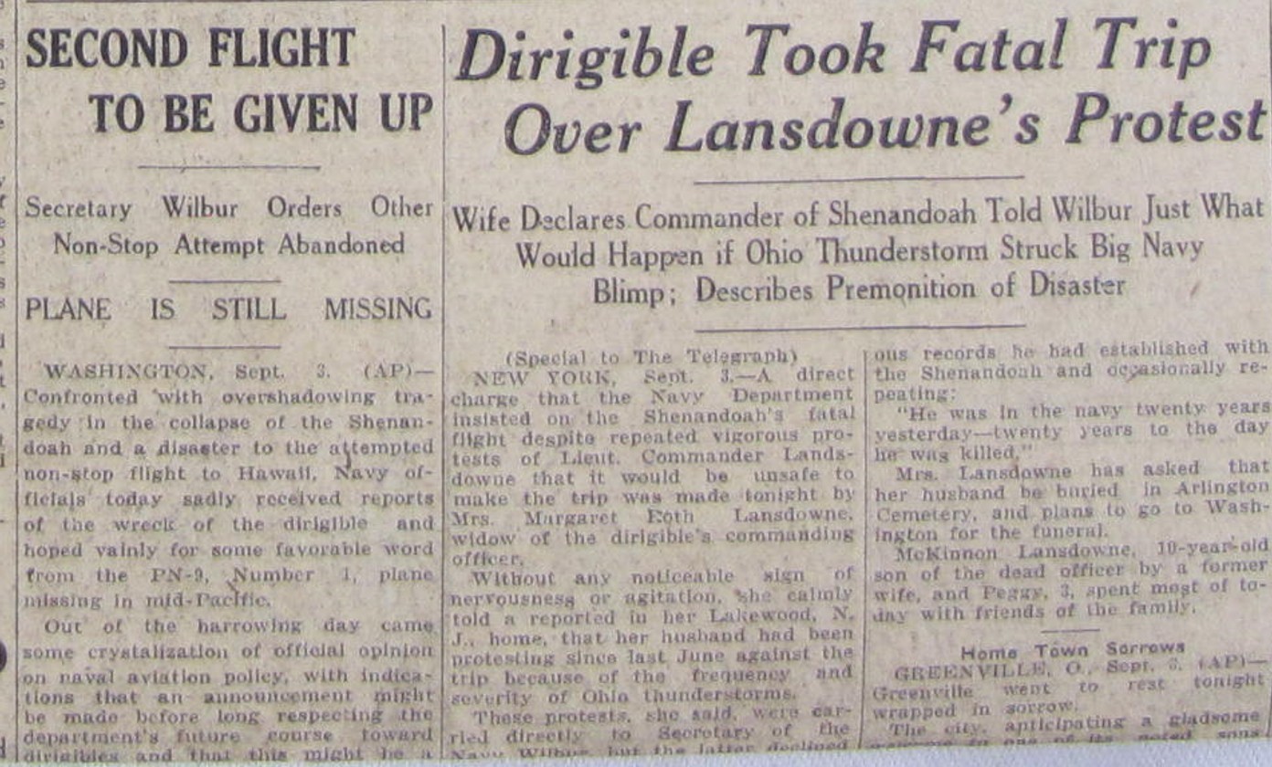 Vintage 1925 USS Shenandoah Airship Crash Newspaper