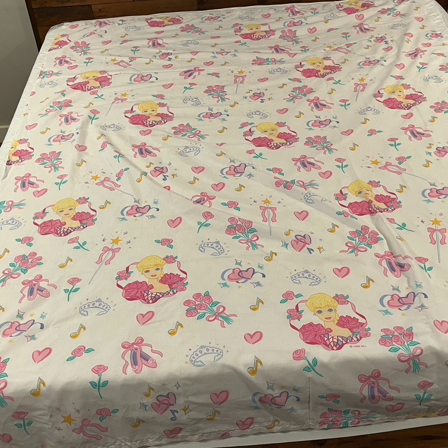 Barbie Flat Bed Sheet VTG 1995 Dan River Pink White Ballerina Twin Size 90x66"