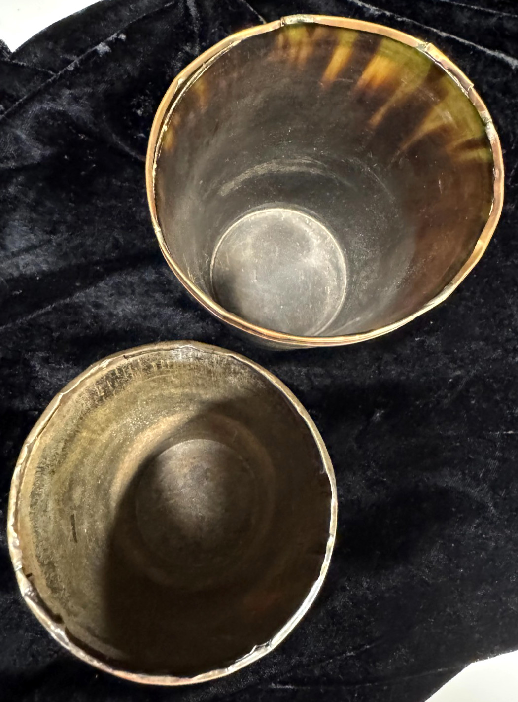 2 GEORGIAN COPPER/GOLD & SILVER RIMMED CUPS BANDED BASES GREAT CONDITION