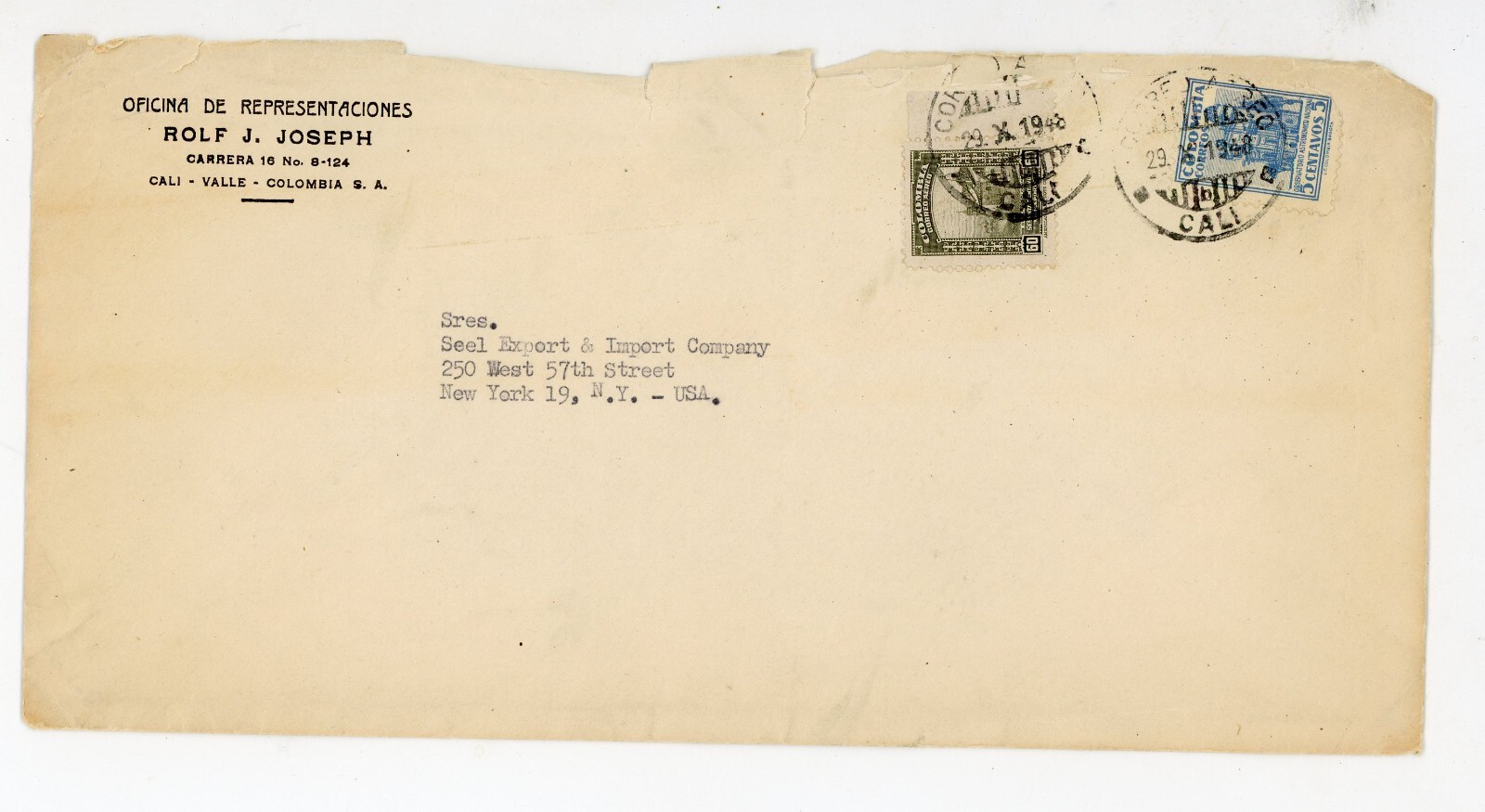 1948 Columbia Stamps Cover Cali 1 5 60 Centavos Palace of Communications Postal