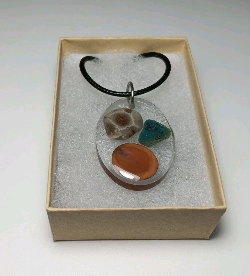 Michigan Petoskey Stone, Agate & Leland Blue Resin Pendant Necklace 22"