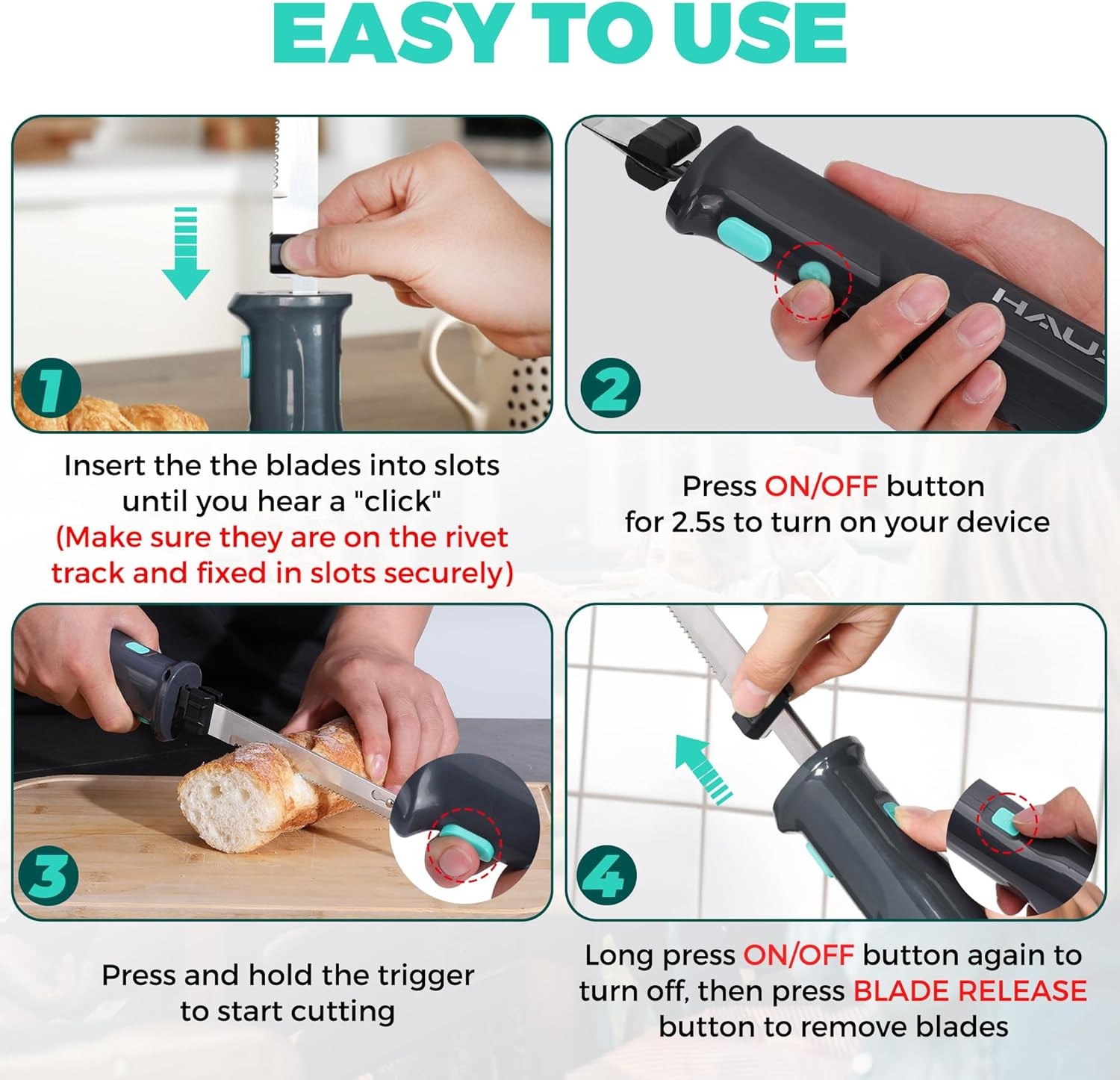 HAUSHOF Cordless Electric Knife Sets for Meat Slicing 8V Carving Bread Knife USA