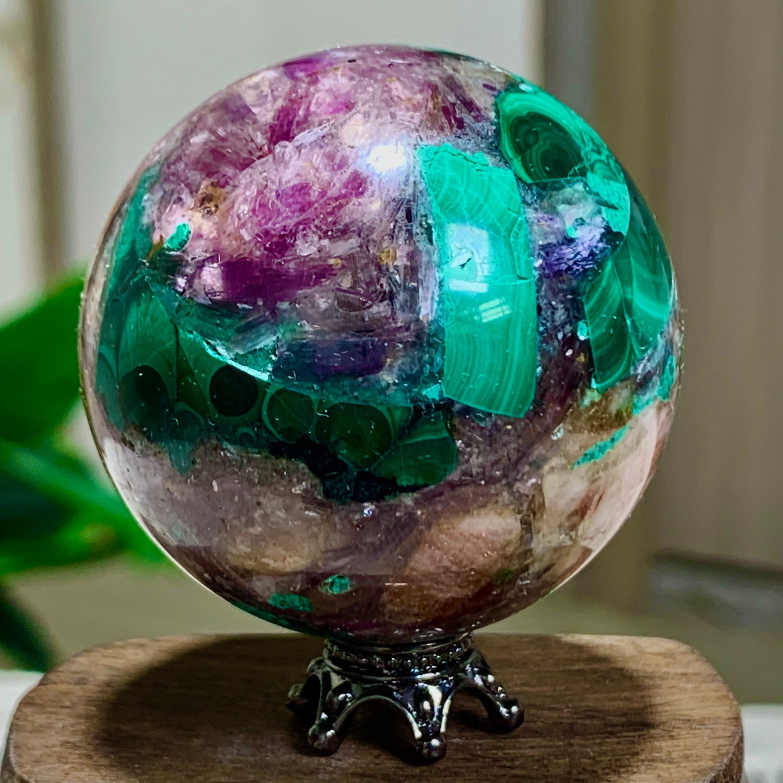 117G Newly discovered rare malachite purple mica symbiotic sphere restoration