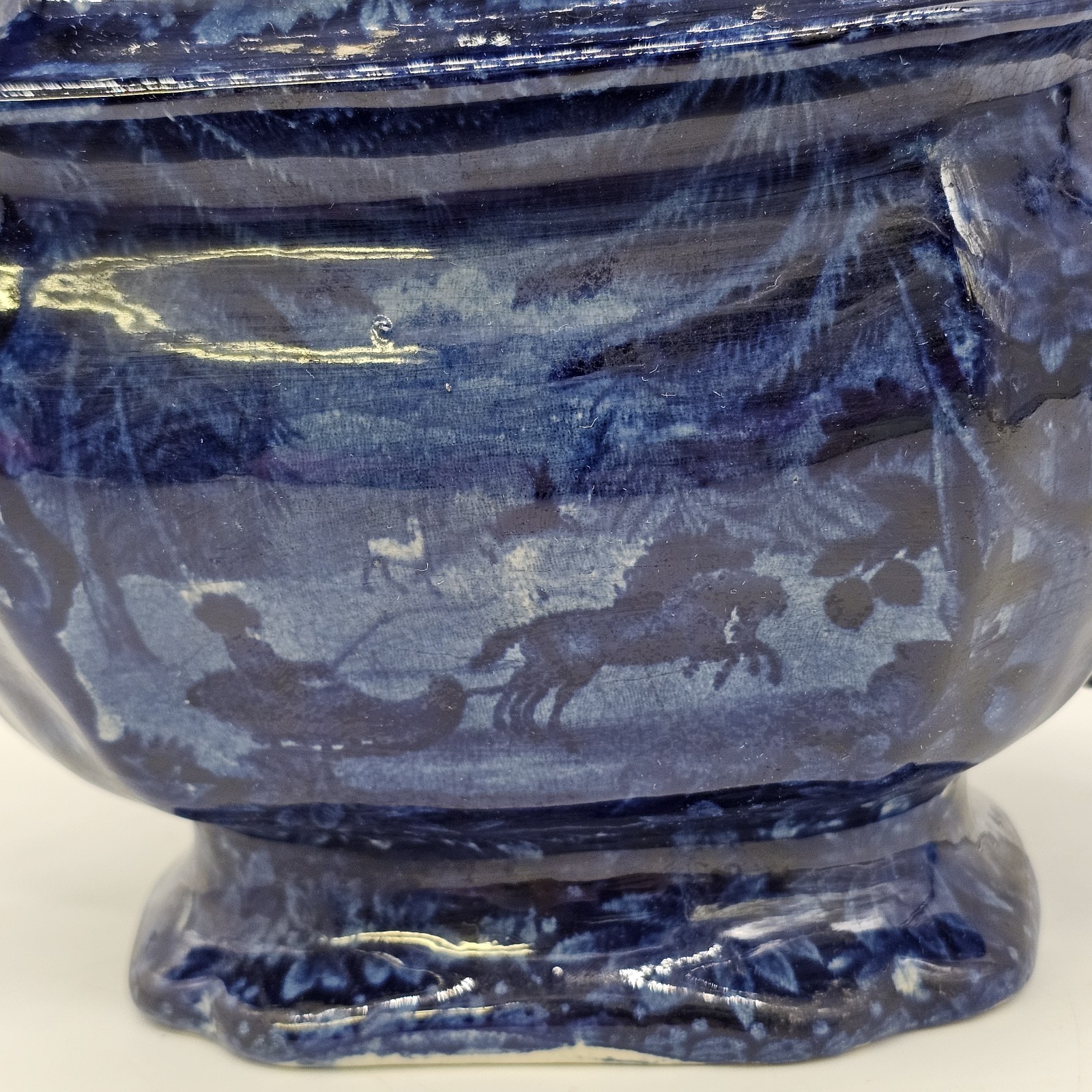 Historical Dark Blue Staffordshite Teapot Winter Sleigh Scene Circa 1825