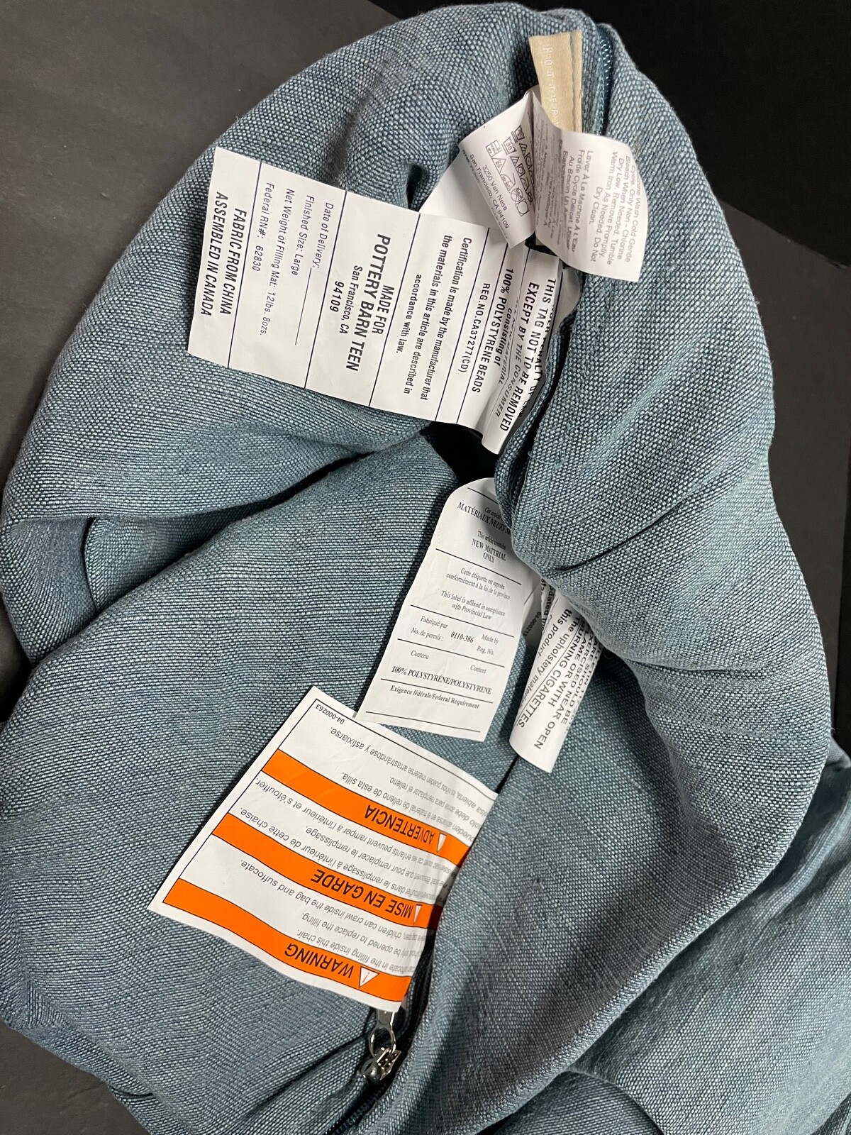 LARGE Pottery Barn Teen Jute Cotton Blend Blue BEANBAG Chair Slip COVER Kids NEW